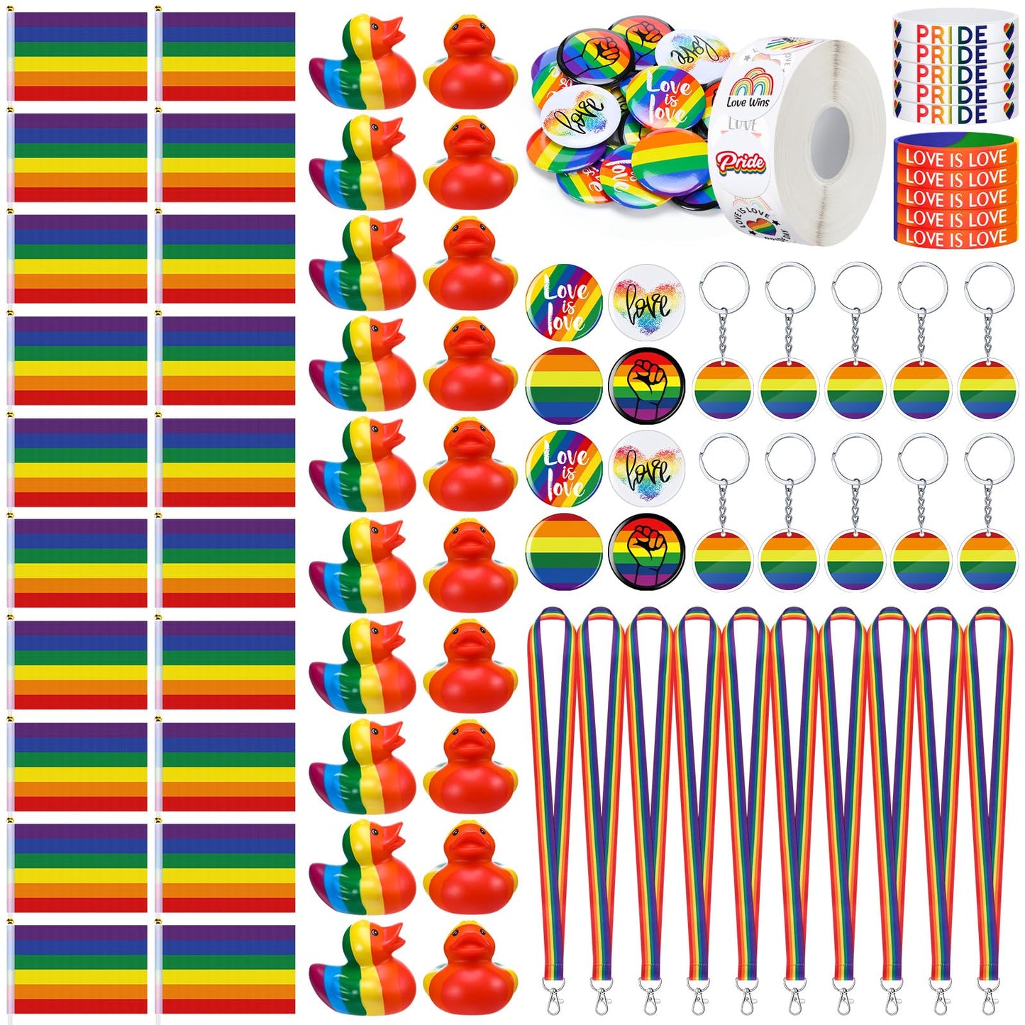RoundFunny 1120 Pcs Rainbow Gay Pride Items Set Include Rainbow Rubber Ducks Flags Stickers Buttons Silicone Bracelets Lanyards Safety Buckles Keychains for Pride Day Month Party Accessories Supplies