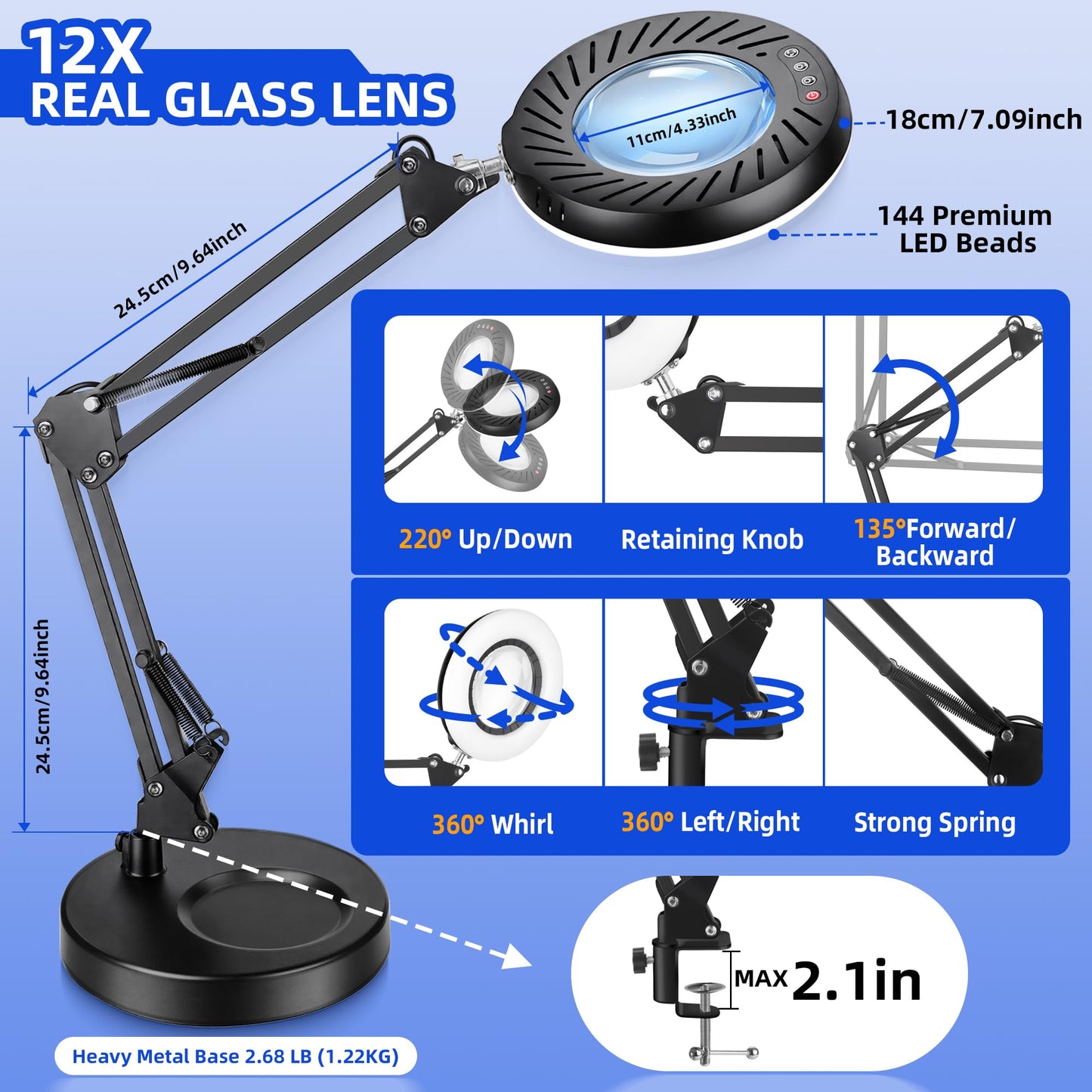 Akynite 12X Magnifying Glass with Light and Stand, 144 LED Real Glass Magnifying Desk Lamp with Base and Clamp, 5 Color Modes 9-Level Dimmable Lighted Magnifier Hands Free for Crafts Sewing Close Work