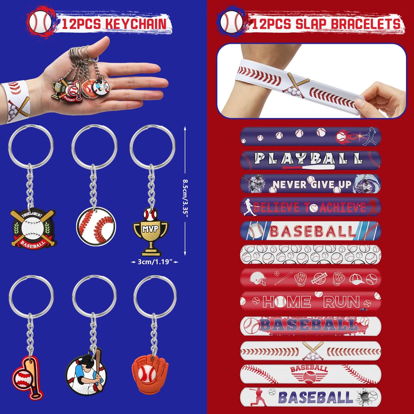Grneric 120PCS Baseball Party Favors, Baseball Goodie Bags Drawstring Bags with Mini Baseballs, Bracelets, Keychains, Stickers & Tattoos for Baseball Party Supplies