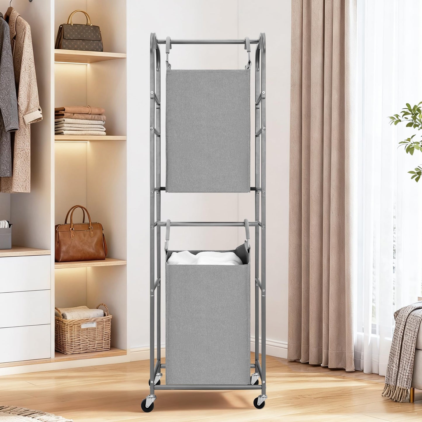 STORAGE MANIAC 2 Tier Vertical Laundry Hamper, 2 Section Laundry Sorter with 2 Removable Tote Bags, Rolling Clothes Basket for Towels, Blankets, Tall Dirty Clothes Hamper for Closet, Bathroom, 2 Bags