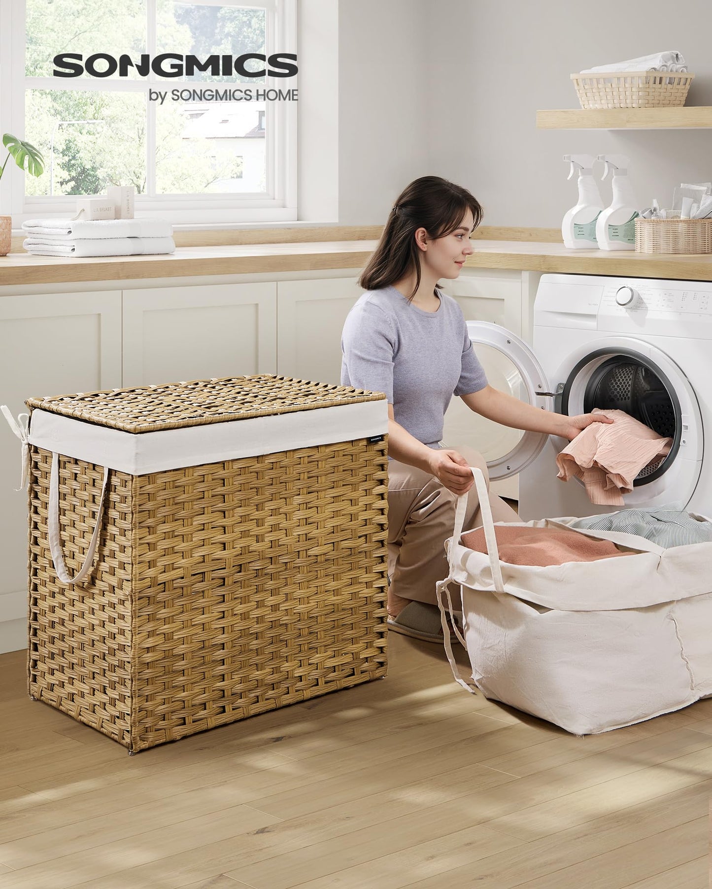 SONGMICS Laundry Hamper with Lid, 42.3 Gallon (160 L) Synthetic Rattan Clothes Laundry Basket with Lid and Handles, Foldable, Removable Liner, Goose Yellow ULCB216Y01