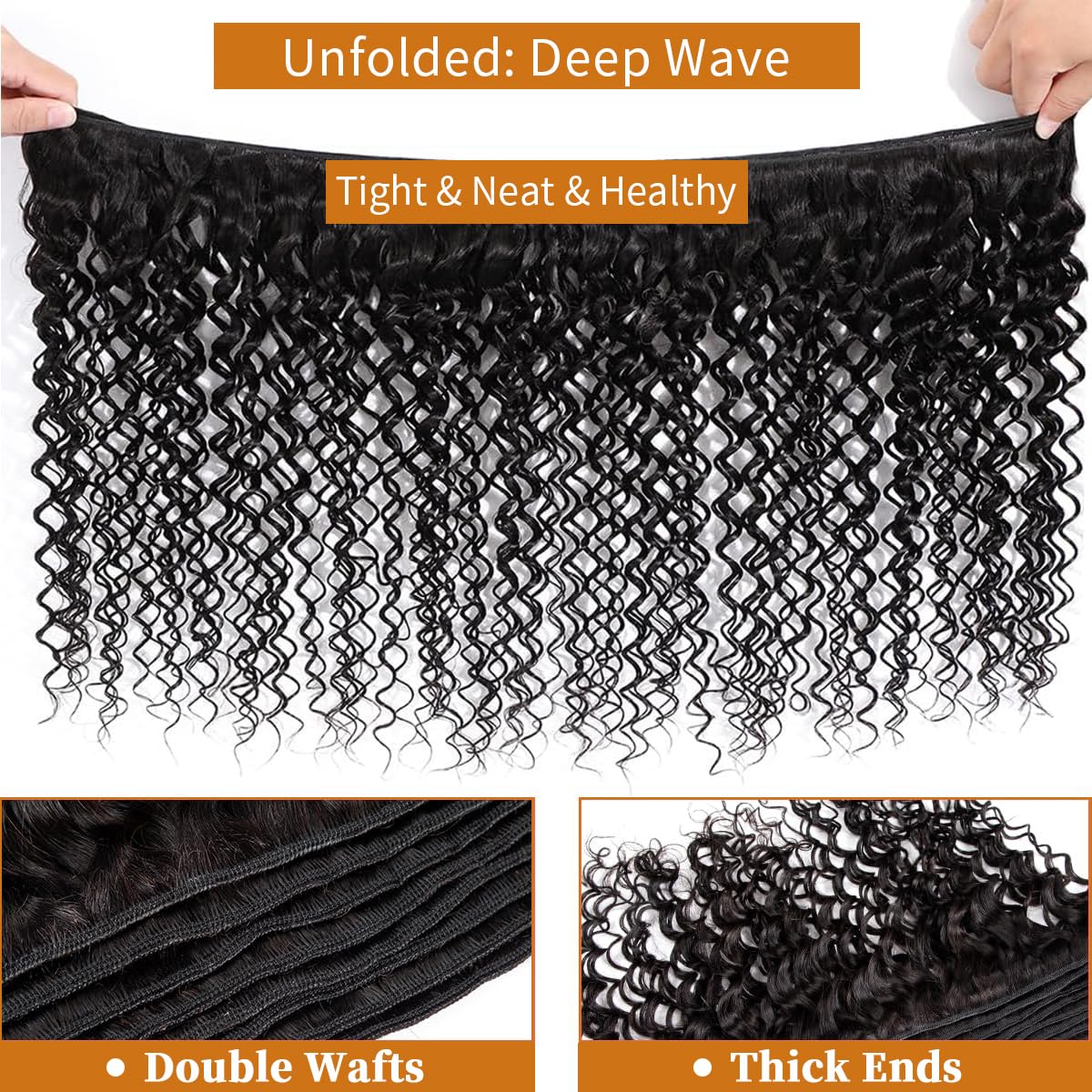 12A Deep Wave Human Hair Bundles 14 16 18 Inch Curly Bundles Human Hair 100% Unprocessed Human Hair Bundles Deep Wave Weft Extensions Weave Natural Black (300g)