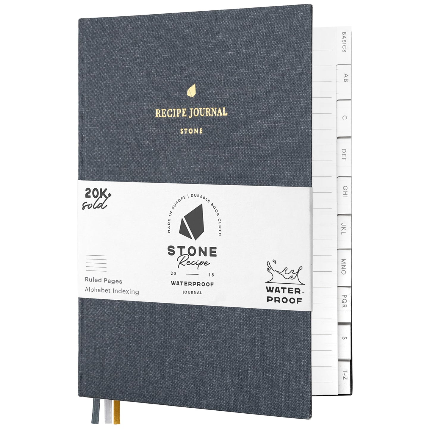 Stone Recipe Journal – 25 x 19 cm Waterproof Paper, 192 Lined Pages with A–Z Index, Conversions & Seasonal Produce, Durable Cotton Cloth Hardcover, Eco-Friendly Kitchen Notebook