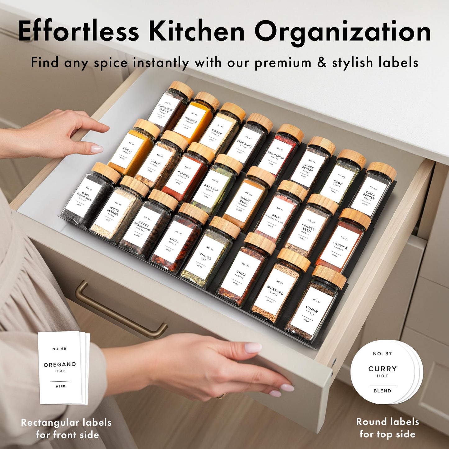 EDELHAUS® Square Spice Jars with Bamboo Wooden Lid (Pack of 36) Spice Jars with Shaker Insert and 240 Labels - Bamboo Lid Glass Container for Spice Organisation [4.3 in × 1.8 in]