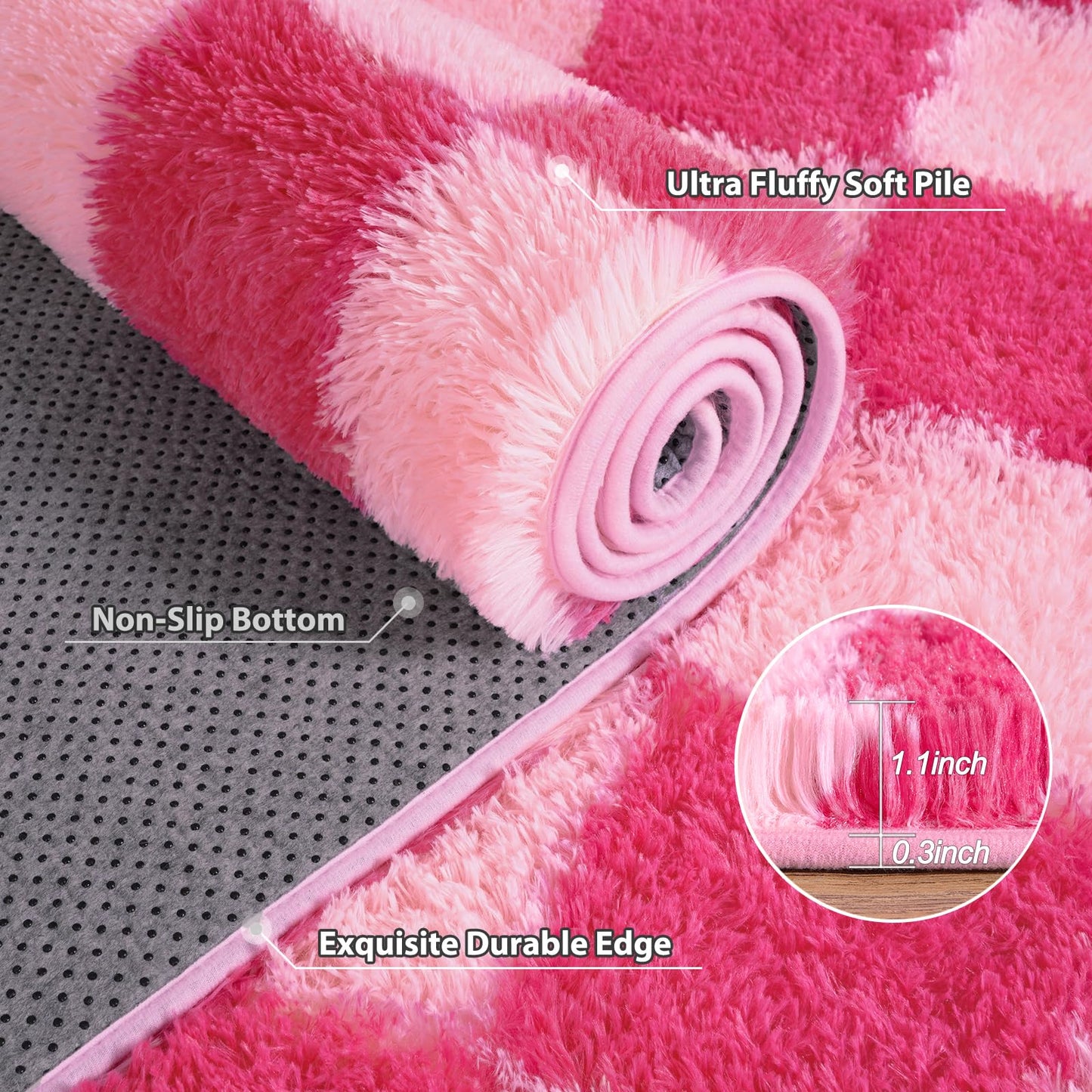 Pionblank Fluffy Area Rug for Bedroom 5x7, Modern Indoor Shag Carpet, Soft Plush Non Slip Checkered Rugs for Living Room Kids Room Home Decor, Hot Pink