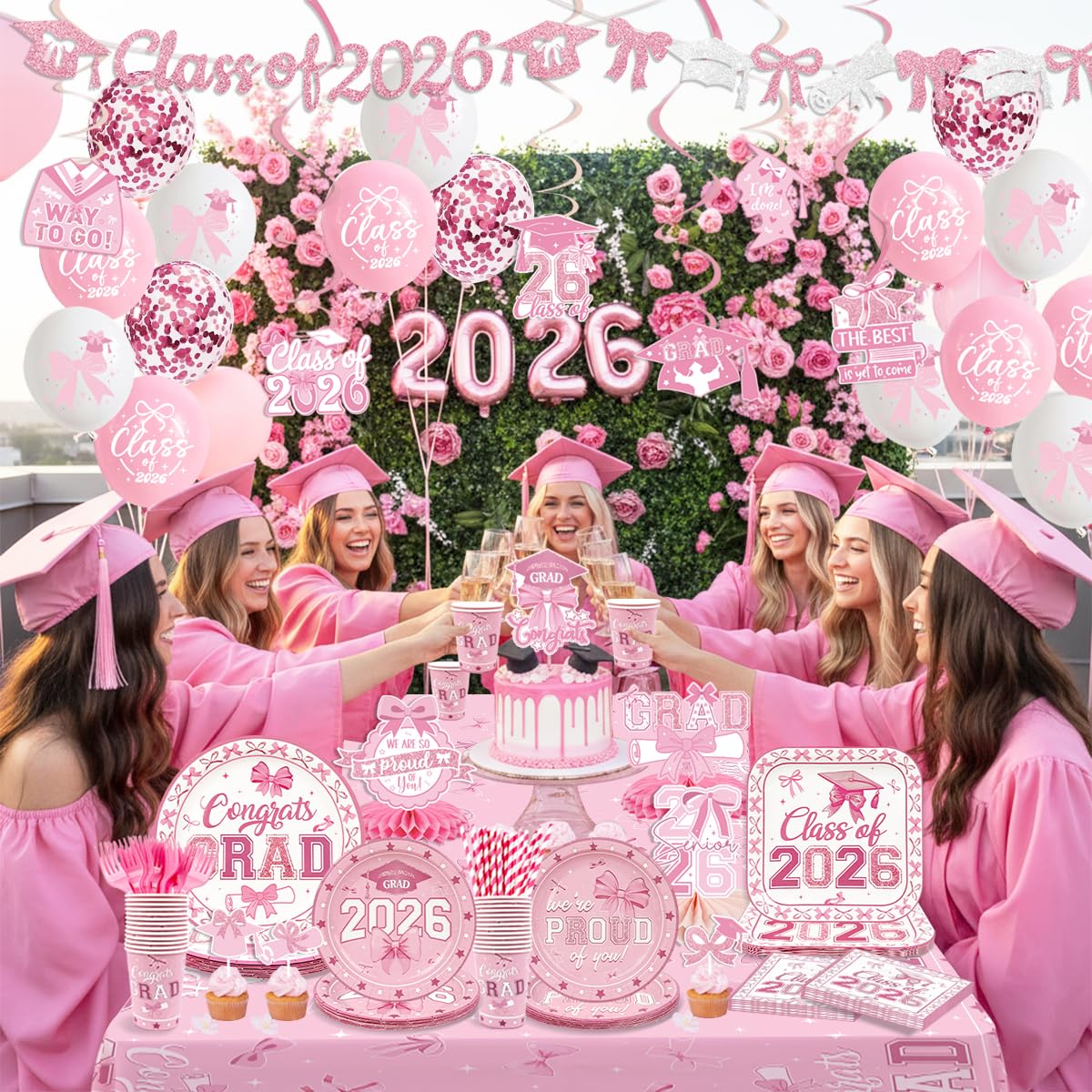 2026 Graduations Decorations Pink Bow Class of 2026 Plates and Napkins Banner Grad 2026 Tablecloth Congrats Grad Cake Topper Hanging Swirls Balloons Graduation Party Supplies