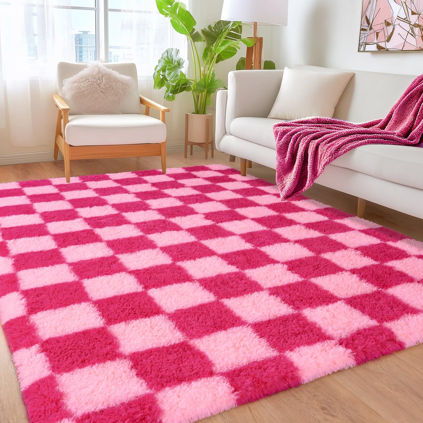 Pionblank Fluffy Area Rug for Bedroom 5x7, Modern Indoor Shag Carpet, Soft Plush Non Slip Checkered Rugs for Living Room Kids Room Home Decor, Hot Pink
