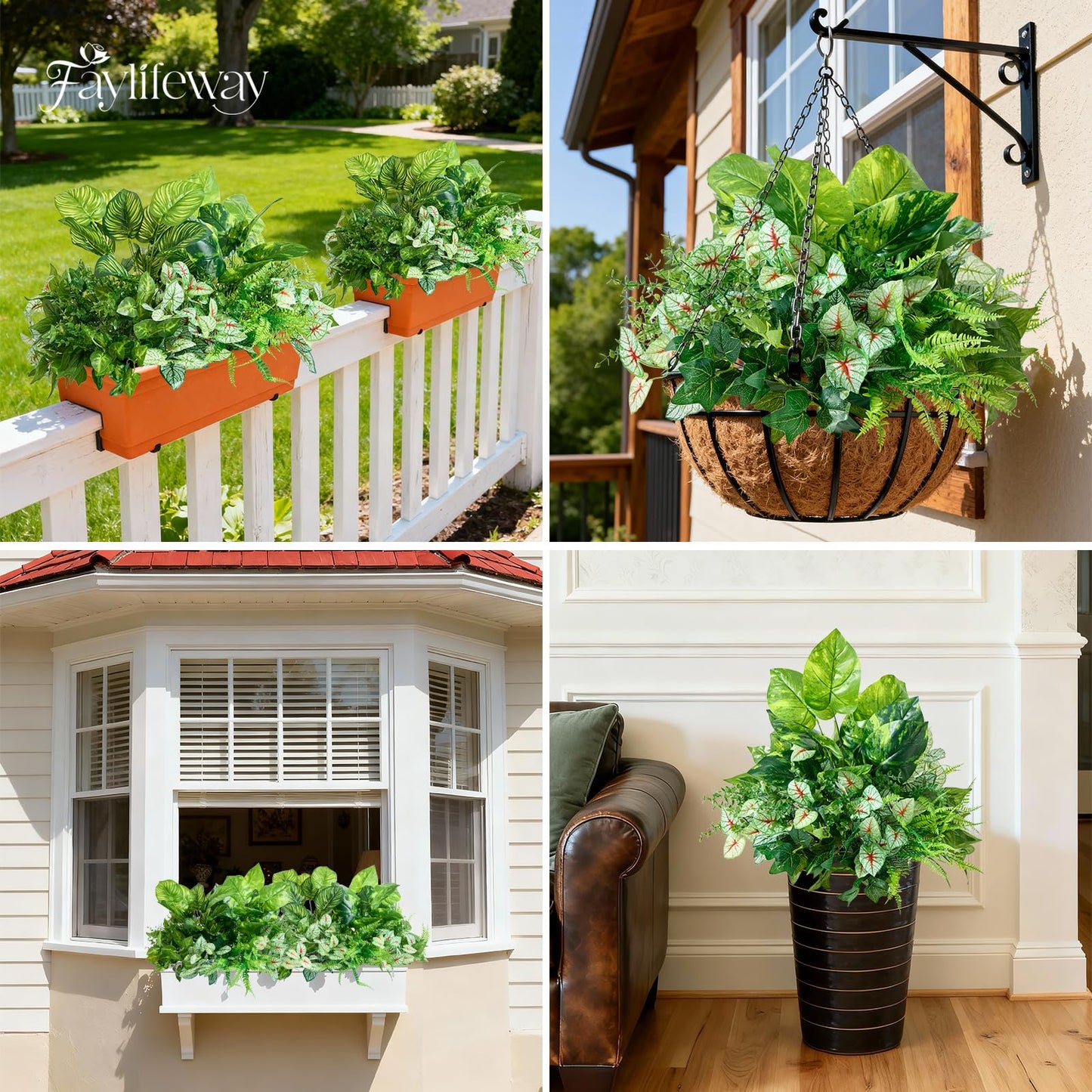 Faylifeway 12 Bundles Artificial Plants Outdoor,UV Resistant Fake Greenery Stems with Large Shrubs Faux Plastic Plant for Outside Front Porch Planters Garden Window Box Patio Decor(Pot Not Included)