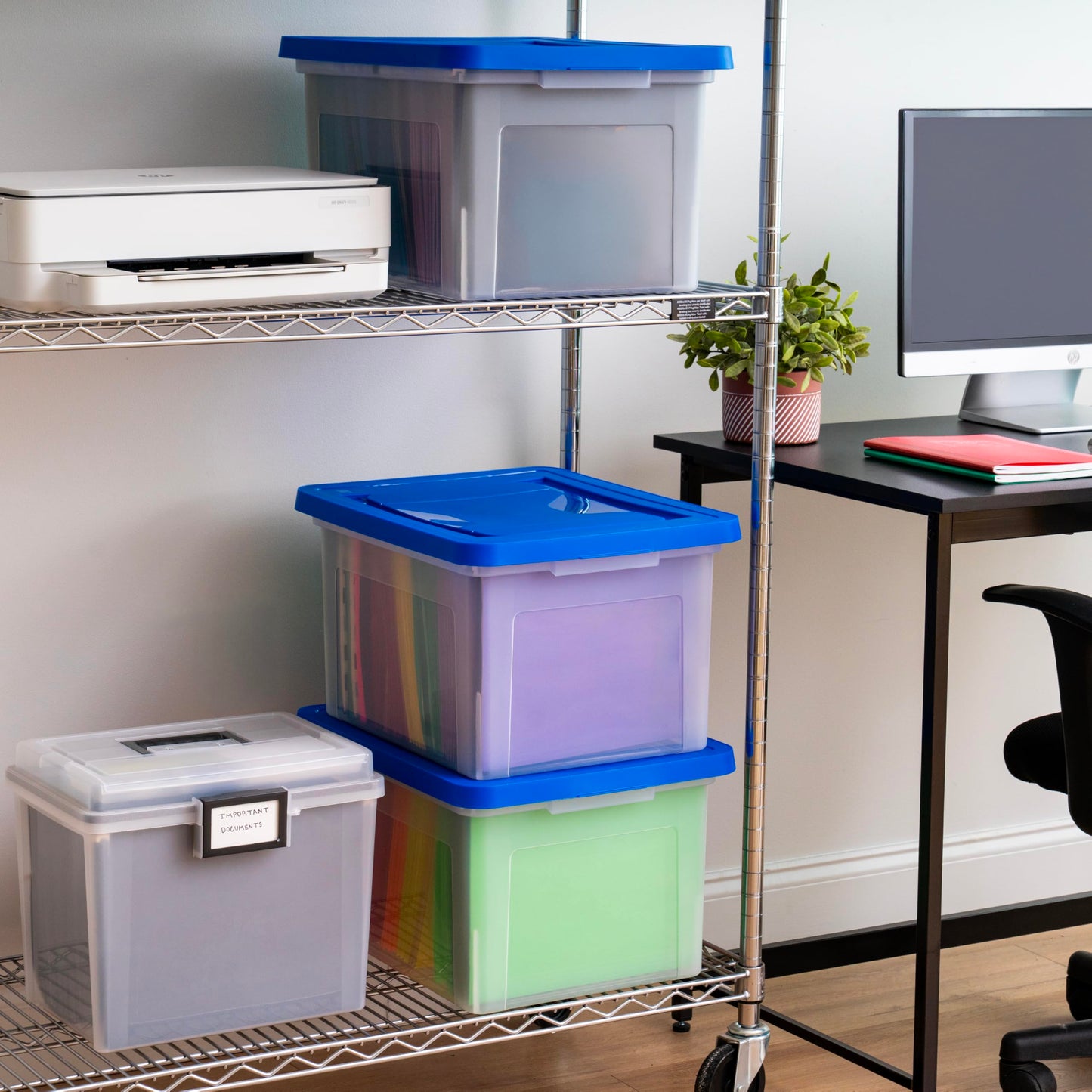 IRIS USA File Storage Box with Lid, Document Protection Box for Letter/Legal Files, Safety File Storage Container, Portable Stackable Filing Organizer, 35 Qt, 3 Pack, Clear/Blue