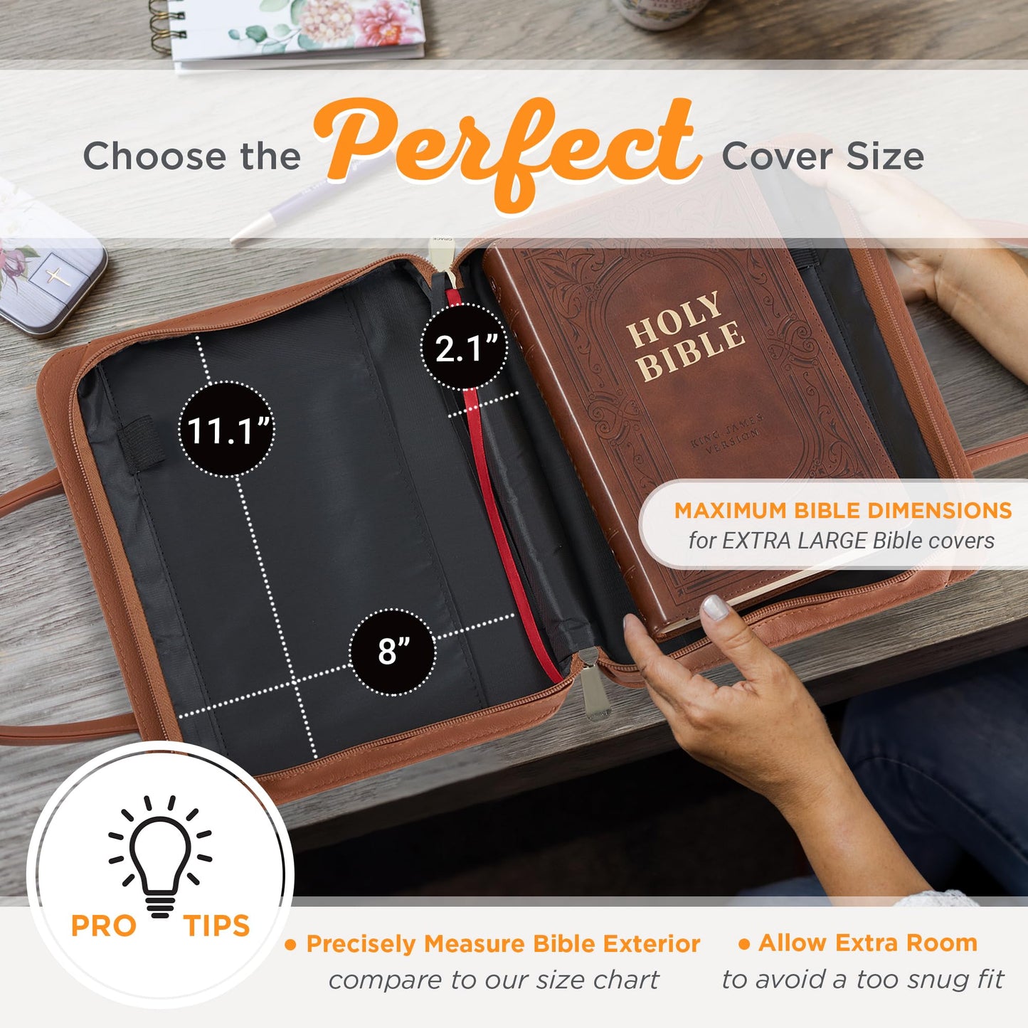 Christian Art Gifts Fashion Vegan Leather Purse Style Bible Cover Case for Women: All Things Through Christ Gold Inspirational Scripture, Pen Loops, Two Handles, Pockets, Navy & Brown Floral, XL