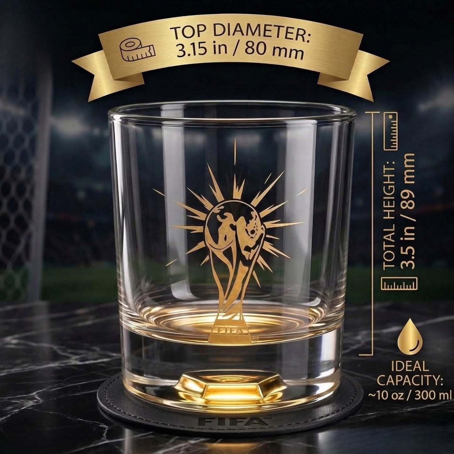 Official FIFA World Cup 2026 Edition - 8oz Whiskey Glass & Leather Coasters Gift Set - 2 of Each - Perfect for Parties, Bars, Tailgates, Mancaves & Gamedays - Once in a Lifetime Drinkware Set