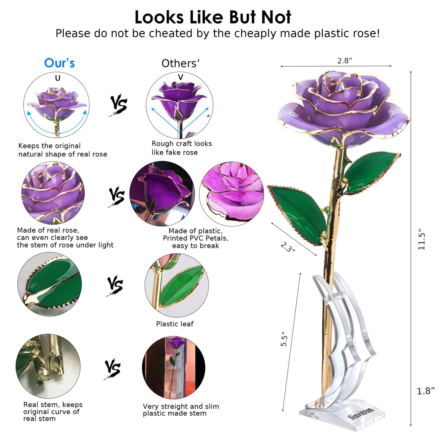 Sinvitron Gold Dipped Infinity Rose - Eternal Resin-Preserved Rose | Forever Flower Decor for Birthdays, Mother’s Day, Anniversaries | Unique Gift for Women, Mom, Wife (Lavender Purple)