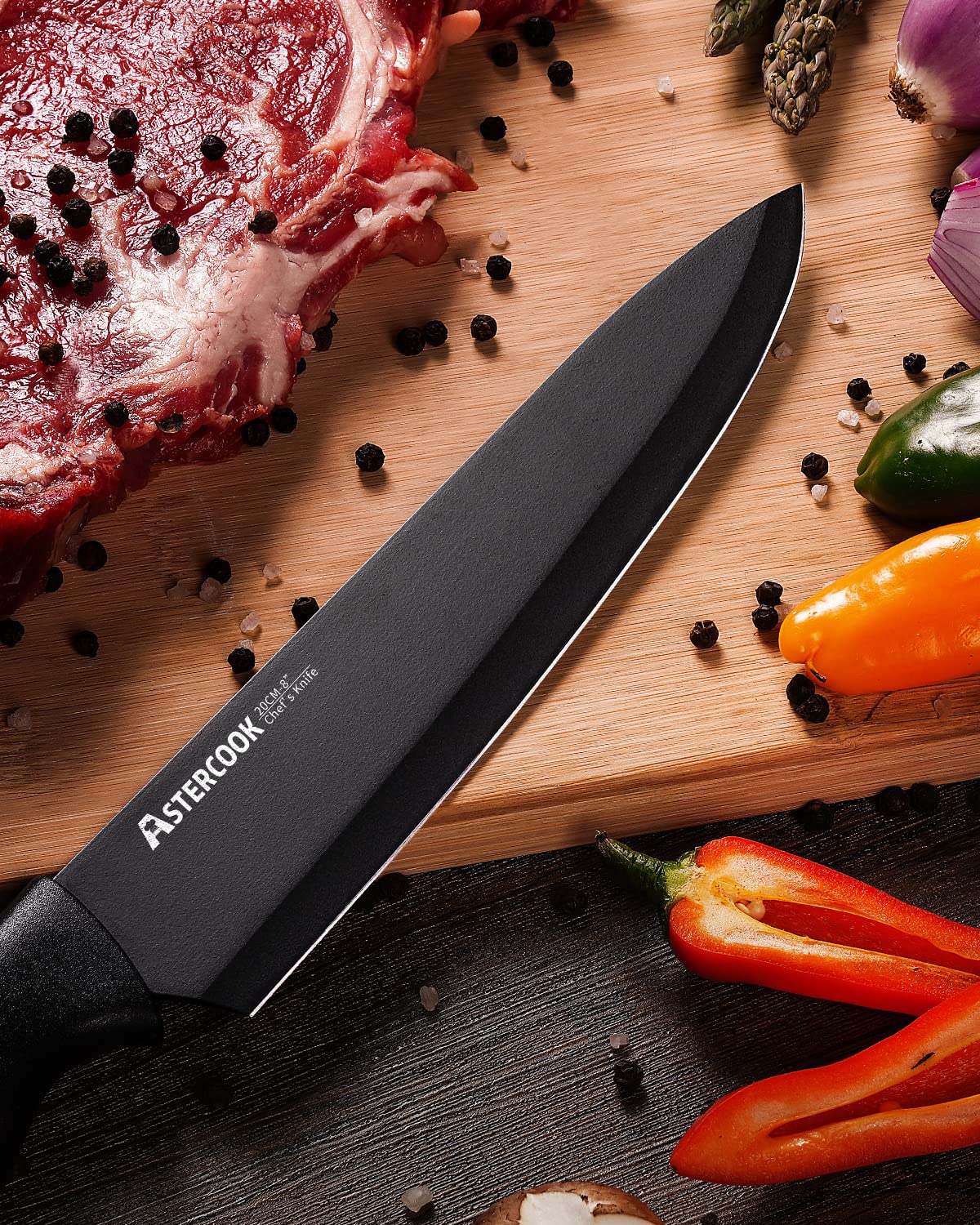 Astercook Knife Set, Kitchen Knife Set with Built-in Sharpener Block, Dishwasher Safe, 15 Pieces German Stainless Steel Knife Block Set, Black Perfect Kitchen Gifts for Mom Dad
