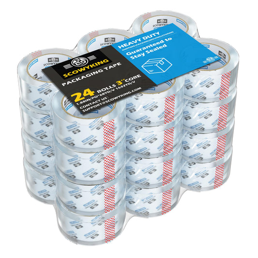 Scowyking Heavy Duty Packing Tape Refills 24 Pack, 2.7 Mil Clear Packaging Tape, 1.88" × 68 Yards, Compatible with Standard Tape Dispenser, No Residue Quiet Unwind for Moving Shipping Sealing Boxes