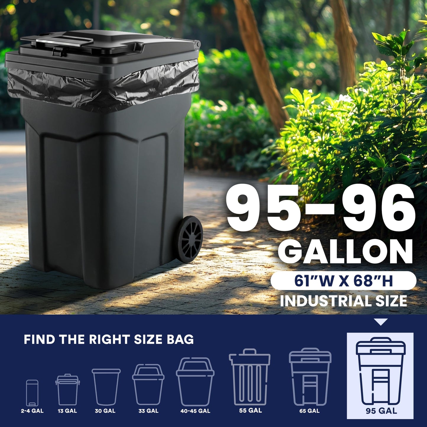 Plasticplace 95-96 Gallon Garbage Can Liners │ 2 Mil │ Black Heavy Duty Trash Bags │ 61” x 68”, 25 Count