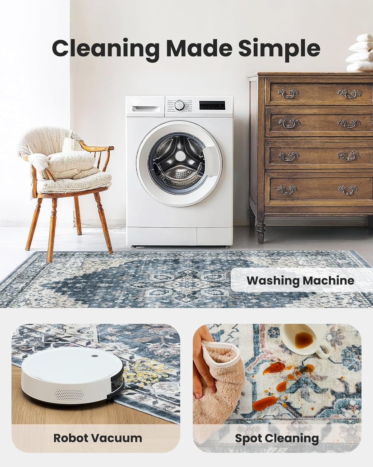 AMADA HOMEFURNISHING 5x7 Area Rugs, Washable Living Room Rug Low-Profile with Non-Slip Backing & Durable Edge Binding, Vintage 5x7 Rugs for Living Room, Bedroom, Dinning Room