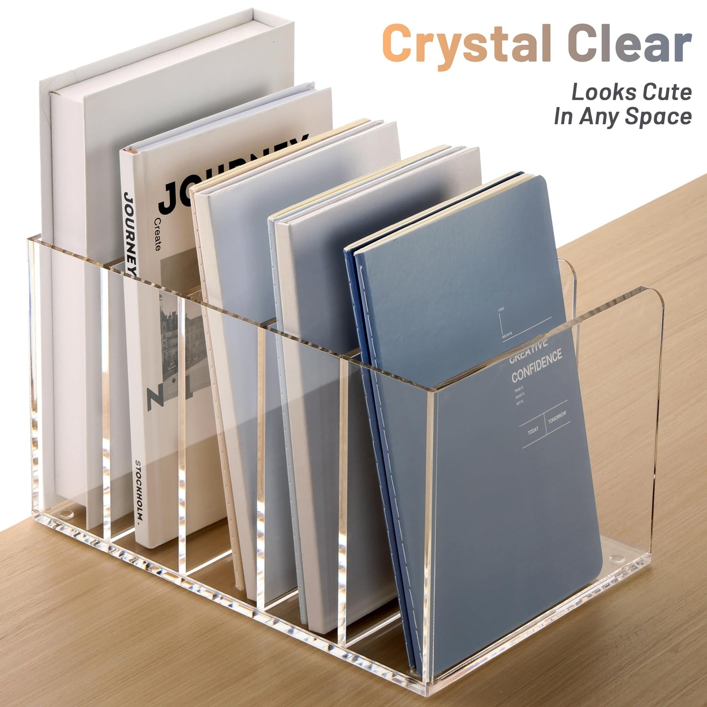 SANRUI Acrylic File Organizer, Clear Magazine File Holder Desk Organizer for Office Organization and Storage with 5 Vertical Compartments, Desktop Bookshelf for Home Office Organization