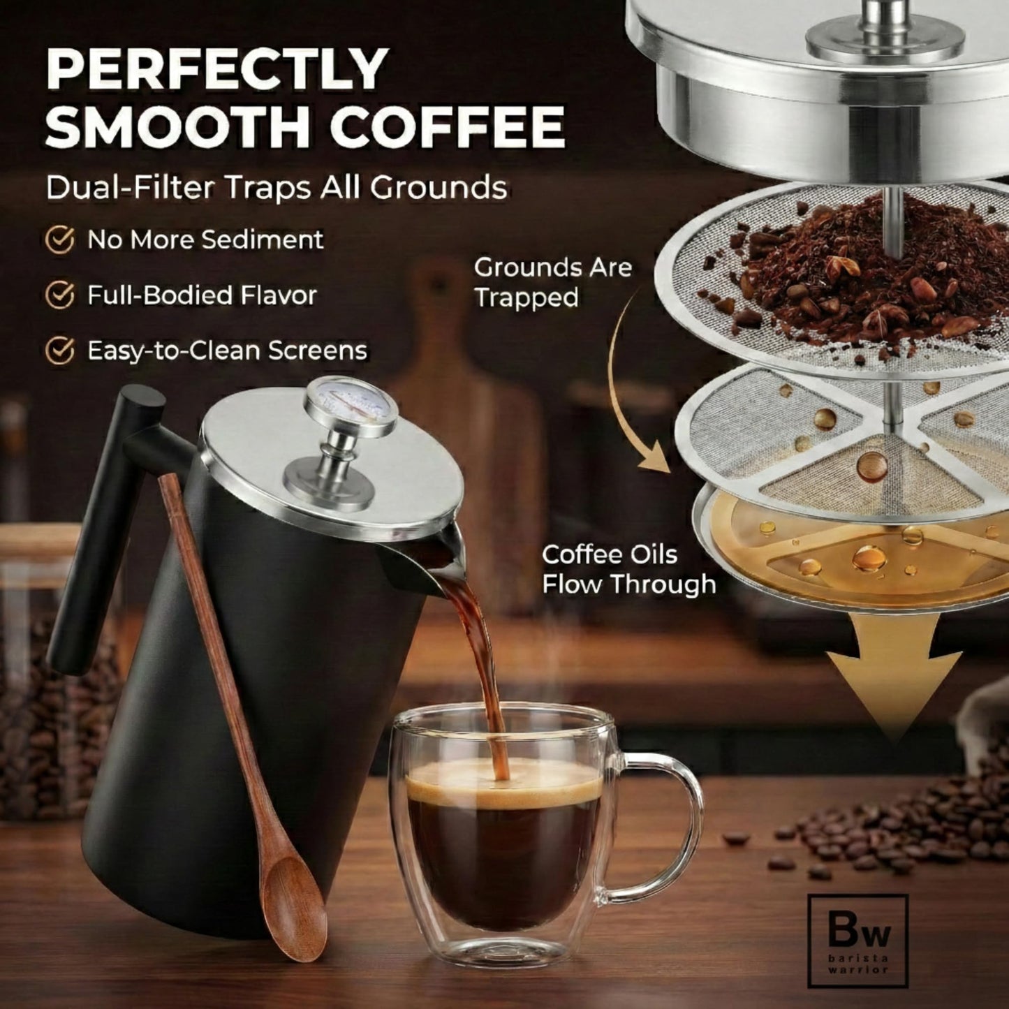 Barista Warrior French Press Coffee Maker - Double-Wall Stainless Steel Insulated French Press with Built-In Thermometer, Dual Filters Coffee Maker with Wooden Spoon - Black