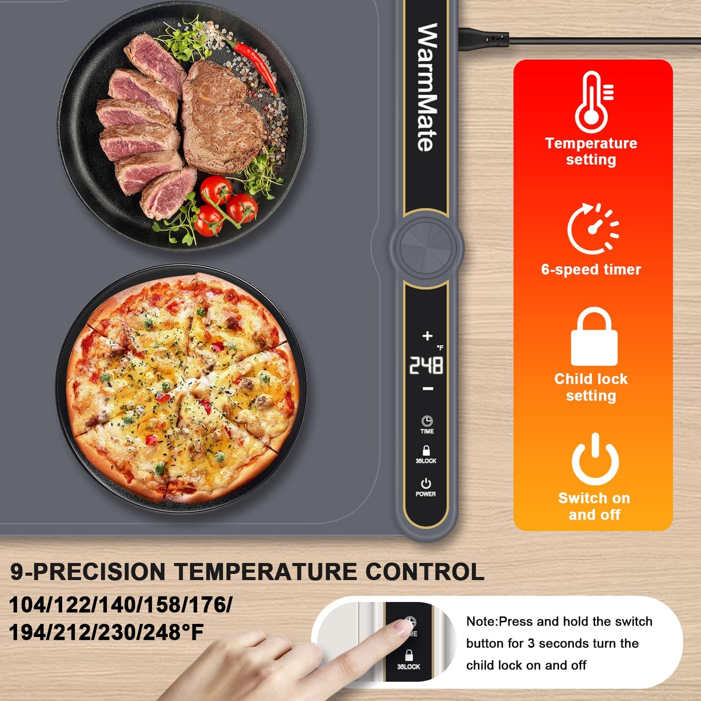 WarmMate Food Warming Mat，Electric Warming Tray with 9-Level Temperature Precision Control, 6H Timer,8s Full Surface Rapid Heating, Ideal for Buffets, Parties & Gatherings (Roll-Up Design，Dark Grey)