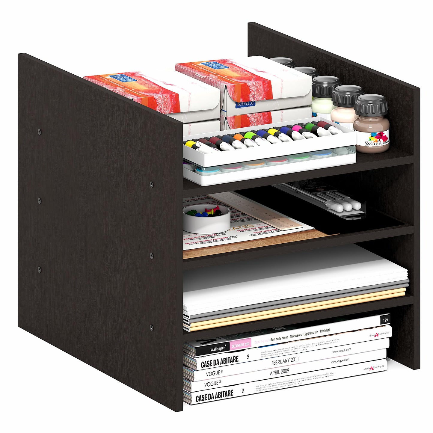 Furinno Cubicle Cube Insert, 3-Shelf Cube Organizer, 3-Tier Shelf Accessory, Fits into Furinno Triple Thick Cubes, IKEA Kallax, for Organizers and Storage, Black Dark Oak