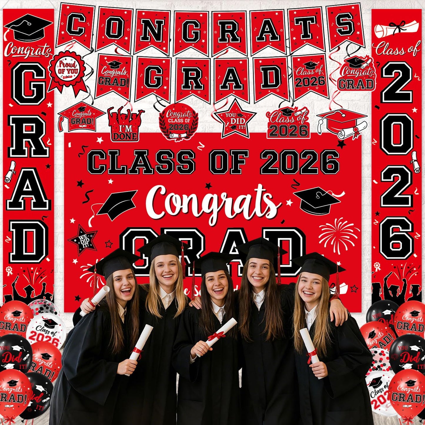 2026 Graduation Decorations, Red and Black Graduation Decorations Set with Congrats Grad Banner & Backdrop, Porch Sign, Hanging Swirls, Balloons, Honeycomb Centerpieces for All Congrats Grad Party Decorations