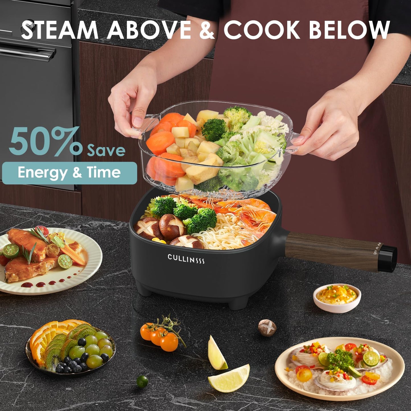 CULLINSSS 2L Hot Pot Electric with Steamer, Portable Electric Pot with Upgrade Titanium Nonstick Coating for Dorm, Office, Travel, Multi Cooker Pot for Ramen, Soup, Oatmeal (Tongs Included)