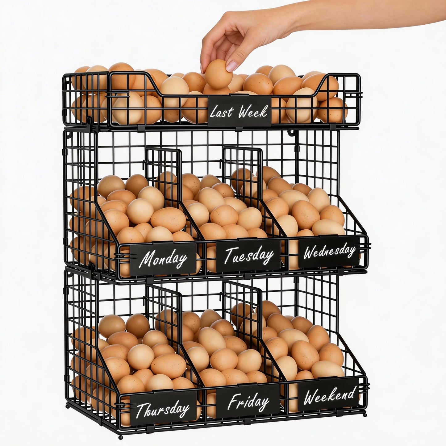 X-cosrack Egg Holder Countertop, 3 Tier Egg Rack with Labels Dividers to Separate Eggs, Stackable Wire Baskets for Fresh Egg, XXL Egg Dispenser for Countertop/Wall-Mounted (Patent Pending)