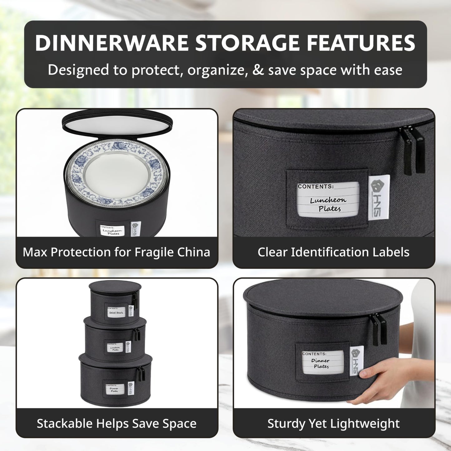China Storage Hard Shell Containers 5-Piece Set Moving Boxes for Dinnerware, Glasses, Plates, Mugs and Saucers Sturdy Dish Organizer with Dividers for Seasonal Storage - Service for 12 - Black Quilted