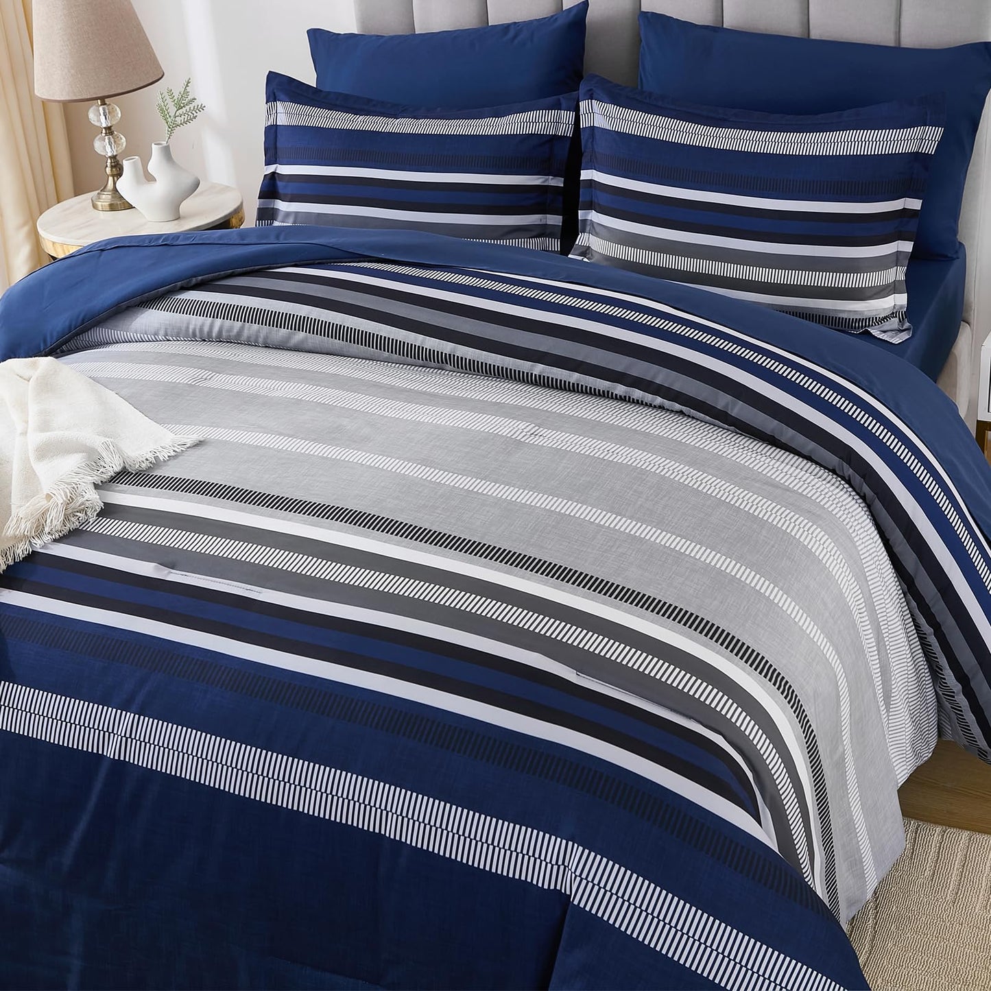 Dobuyly Navy Blue Queen Comforter Set 7 Pieces, Boho Striped Bed in a Bag Queen Size Soft Microfiber All Season Bedding Set with Comforter, Sheets, Pillowcases & Shams