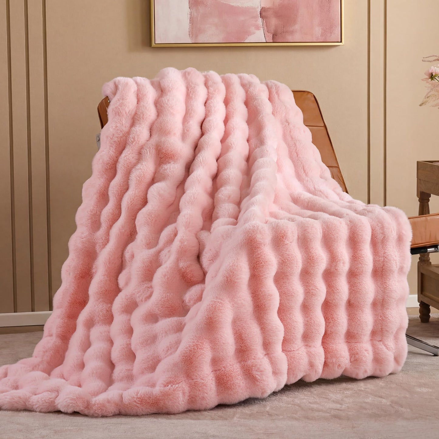 Smoofy Faux Fur Throw Blanket for Couch - Blush Pink Super Soft Cozy Bubble Blanket, Fluffy Plush Fuzzy Throw for Sofa & Bed, Thick Lightweight Warm Blanket, Luxury Aesthetic Gift for Women 50"x60"