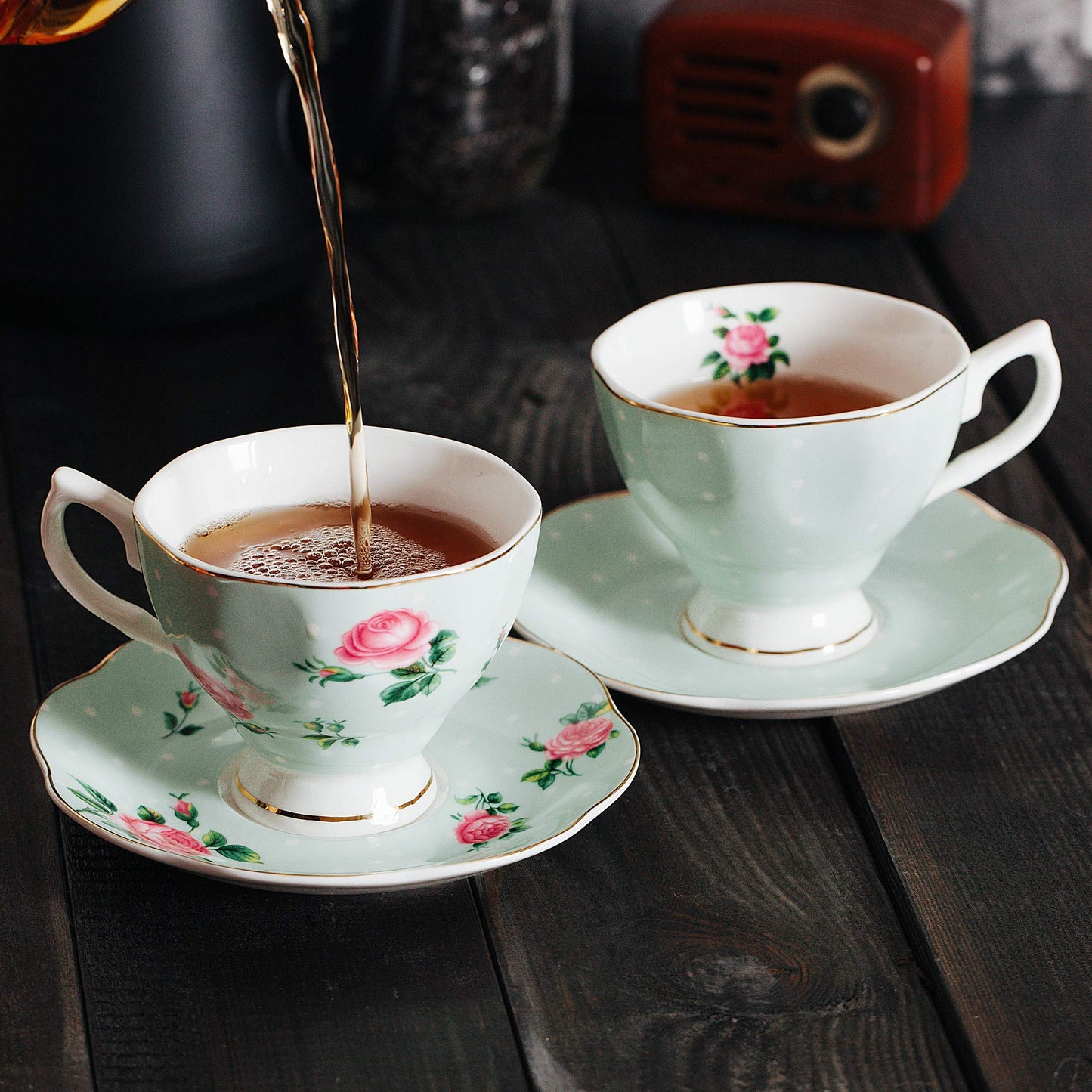 BTaT- Floral Tea Cups and Saucers, Set of 8, 8 oz, Fine Porcelain Teacup Set with Gold Trim for Afternoon Tea, Weddings, Parties & Gifting, Dishwasher Safe, Lightweight, Non-Toxic