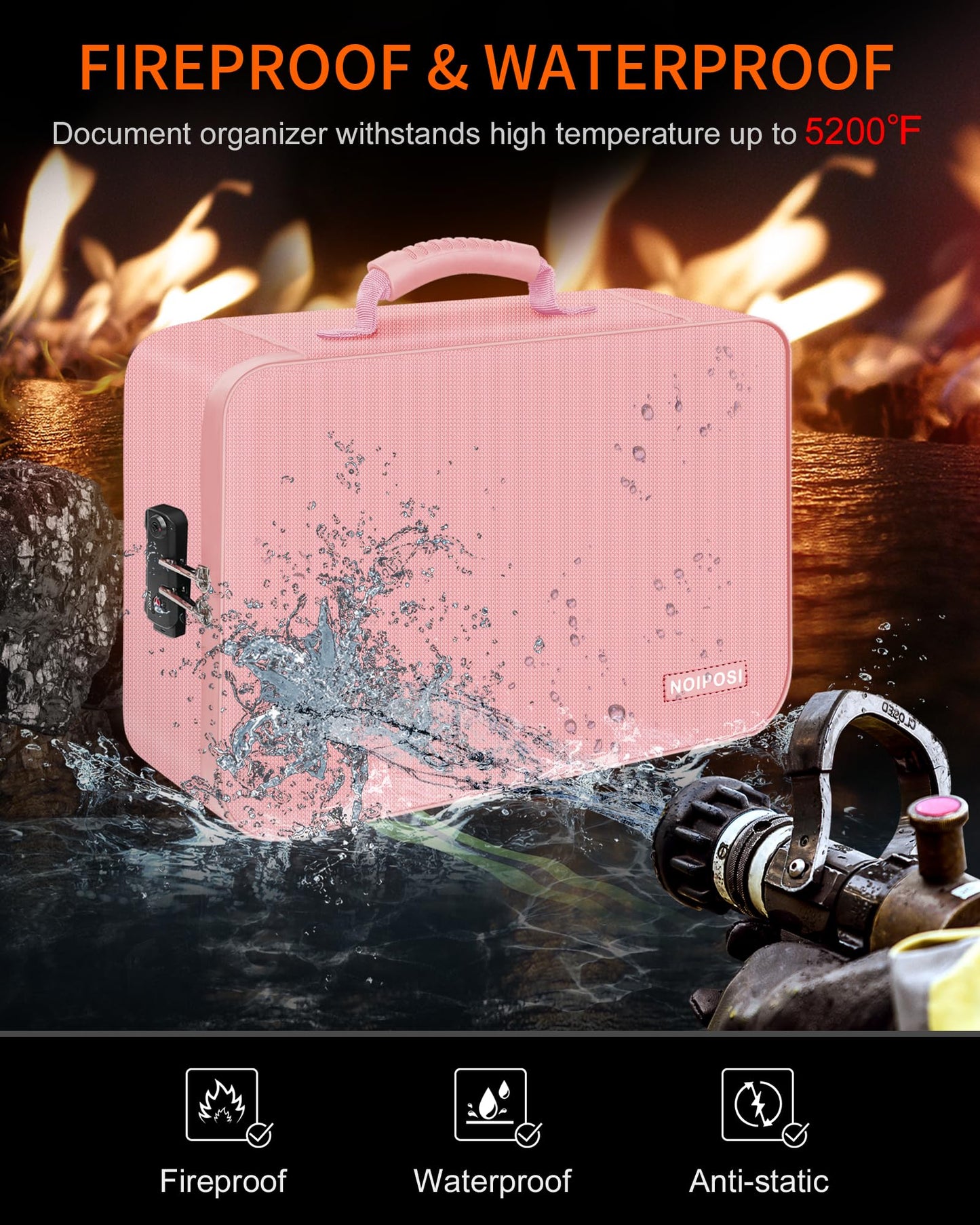 Noiposi Document Organizer with 5200℉ Heat Insulated,16.1"x11.4"x4.3" Waterproof and Fireproof Document Box,Portable Home Travel Safe Storage Box for Important Documents and File,Pink