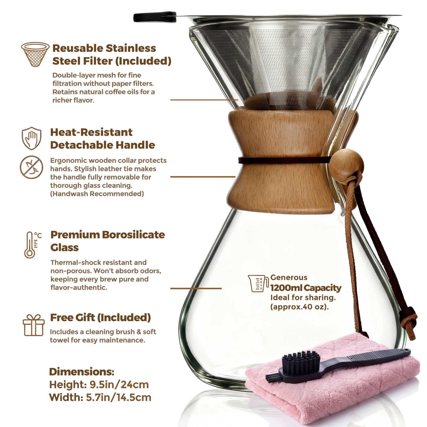 AGOGO Pour Over Coffee Maker Glass - Barista Kit with 304 Stainless Filter for Home, Office, Camping, Cafes - Easy Clean Coffee Dripper Set (Soft Towel&Brush) (40oz Classic w/SS Filter)