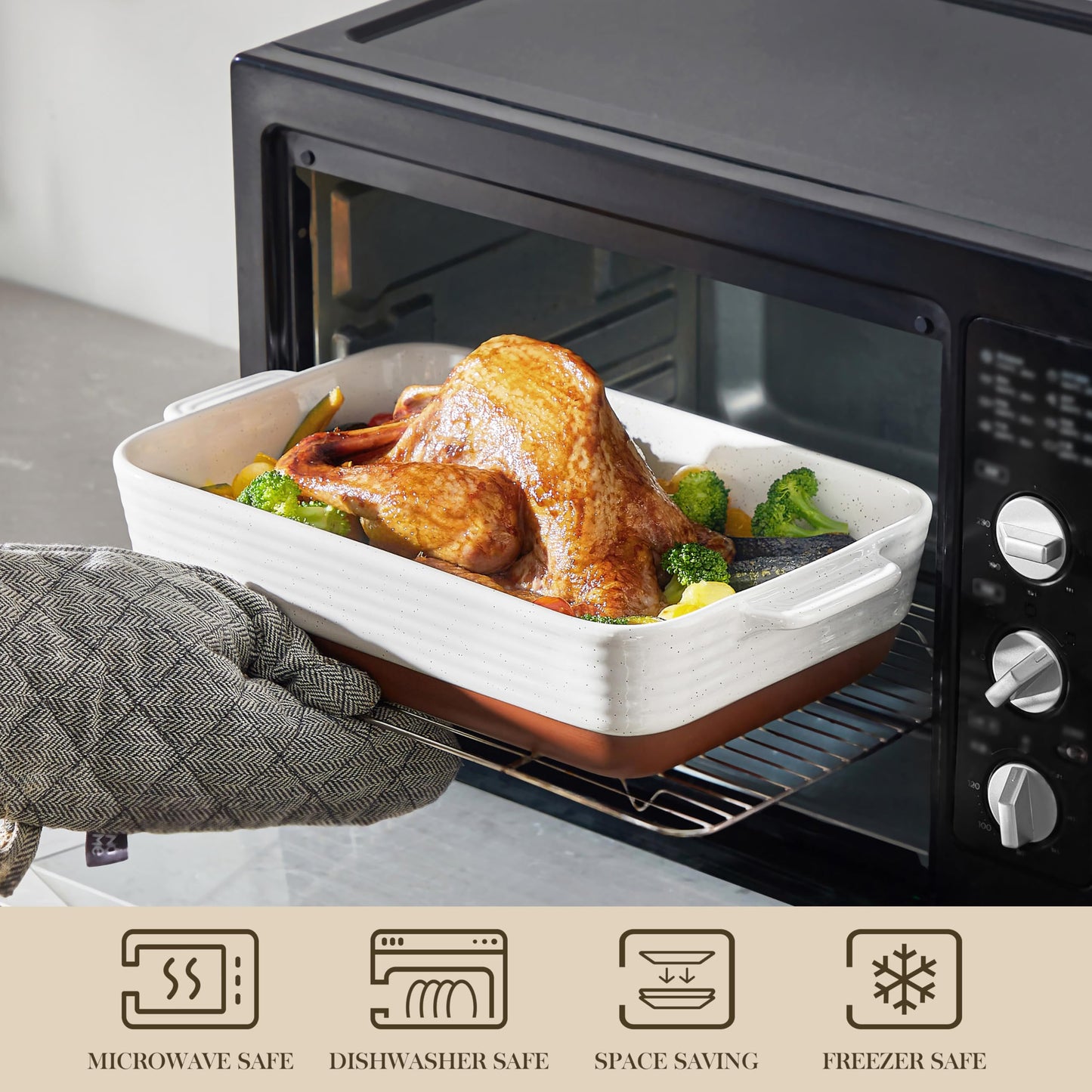 MALACASA Baking Dish 4.8 Qt Ceramic Casserole & Lasagna Pan, 9x13 Inch Deep Rectangular Oven Safe Dish with Handles for Baking, Roasting, Serving (Khaki & White) - Series Tara