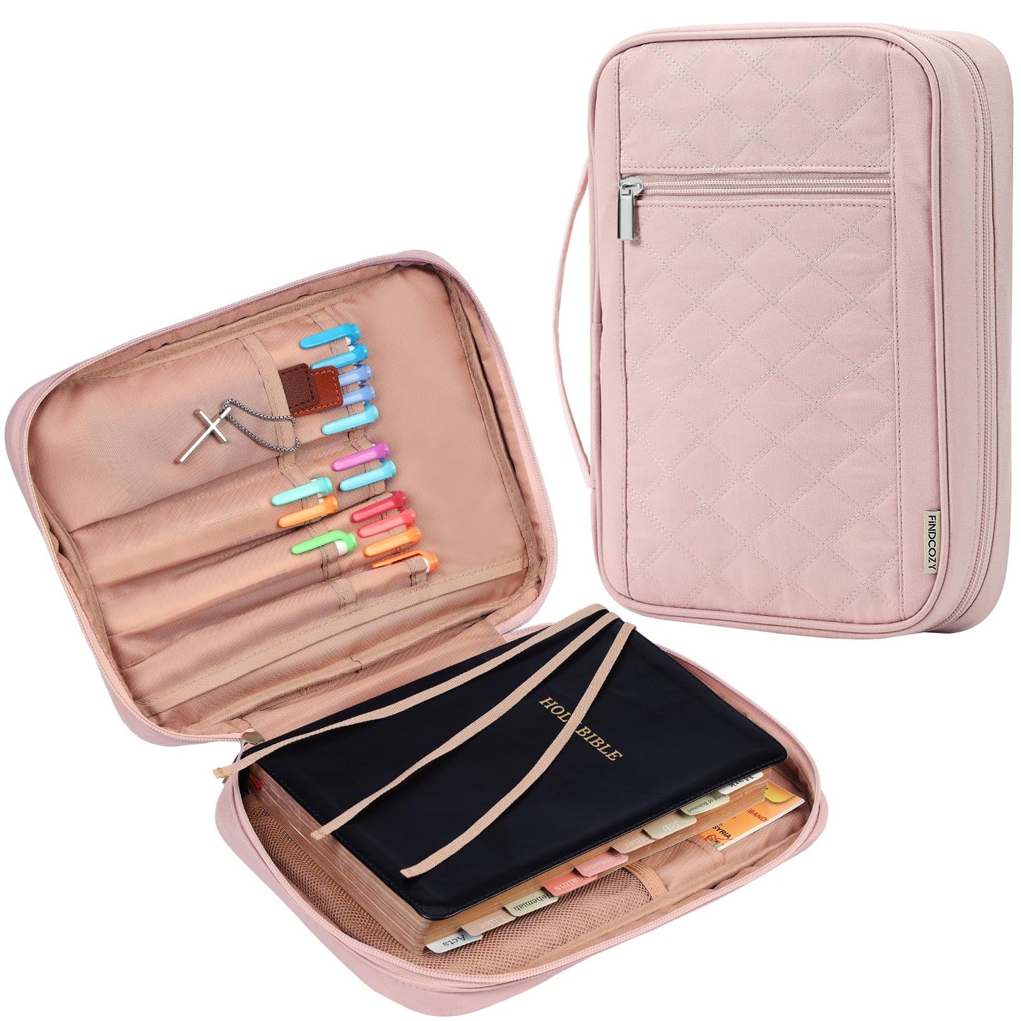 FINDCOZY Bible Cover for Women, Durable Carrying Book Case Church Bag for Biblical Accessories with Handle and Zippered Pocket, for Scriptures, Pink