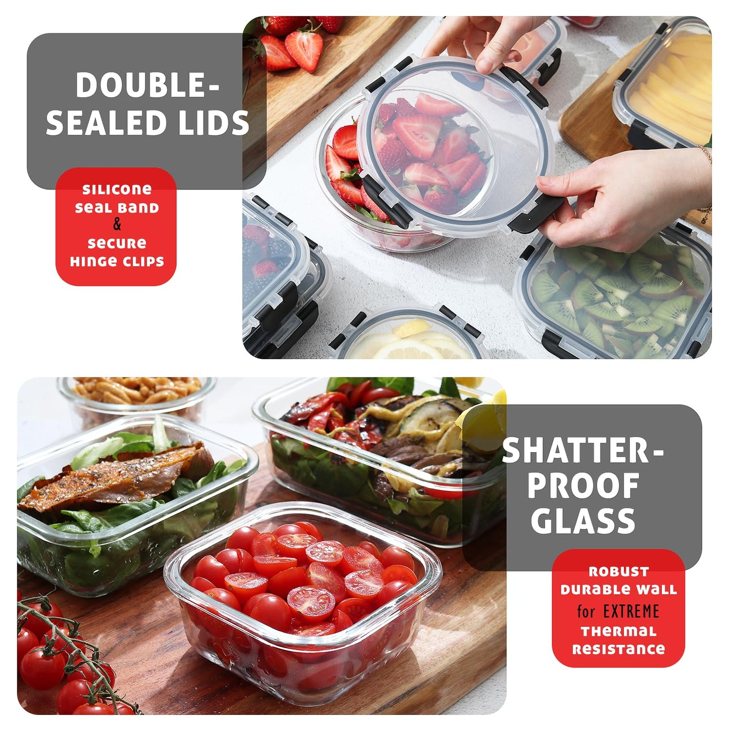 Nestl 24pc Glass Storage Containers with Lids, 12 Glass Food Storage Containers with 12 Airtight Lids for Pantry & Kitchen, Meal Prep Containers for Lunch, Oven Microwave & Dishwasher Safe, Black
