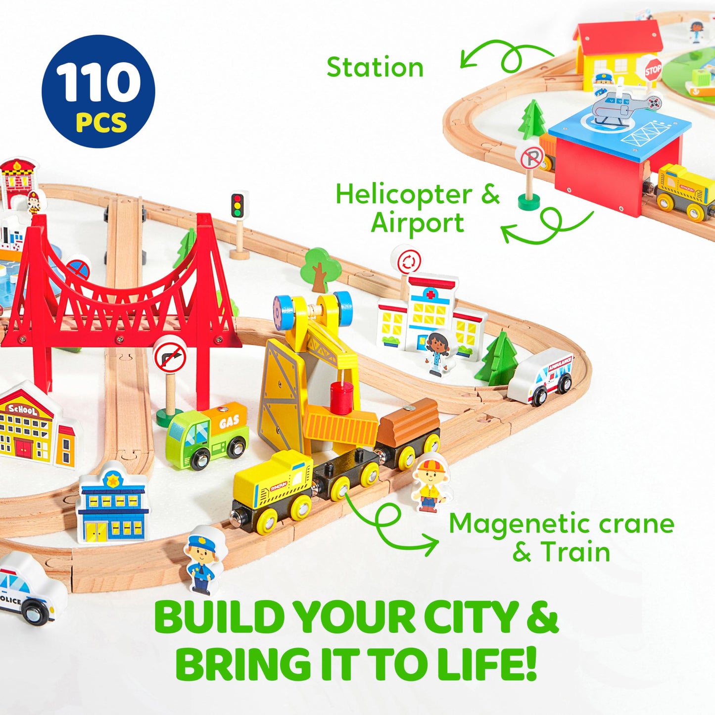 110PCS Wooden Train Set - Urban Journey, City Scene Railway Set with Magnetic Trains, Cars, Helicopter & Ship, Perfect Christmas Birthday Toy Gift for Kids Toddlers Boys Girls Ages 3-8
