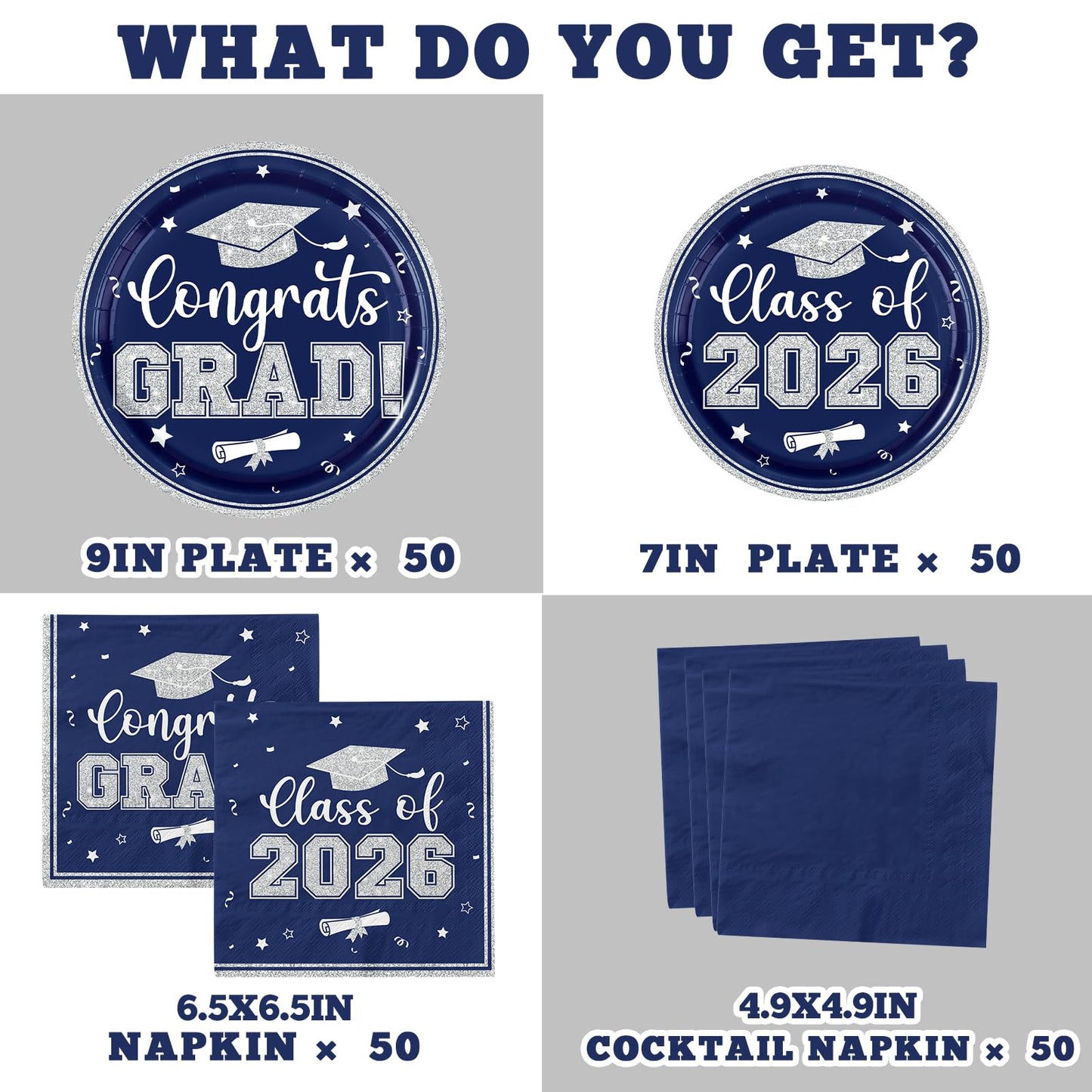 Navy and Silver Graduation Decorations 2026,Navy Blue Graduation Decorations Plates and Napkins 2026,200pcs Class Of 2026 Party Decorations Tableware for Graduation Party Supplies,Serve 50