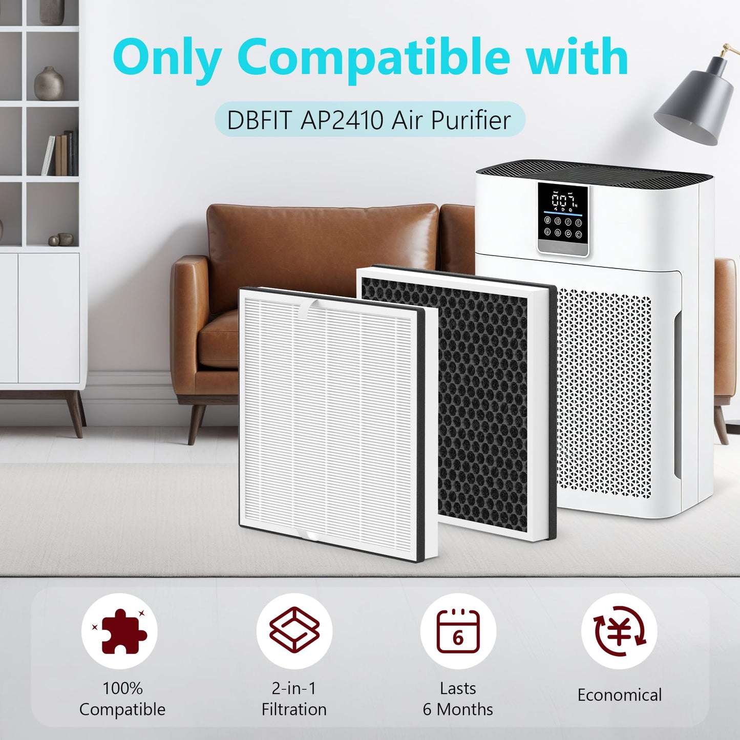 4 Packs AP2410 Replacement Filter Compatible with DBFIT AP2410 Air Purifier, Multi-Layer Filtration of HEPA and Activated Carbon Filter