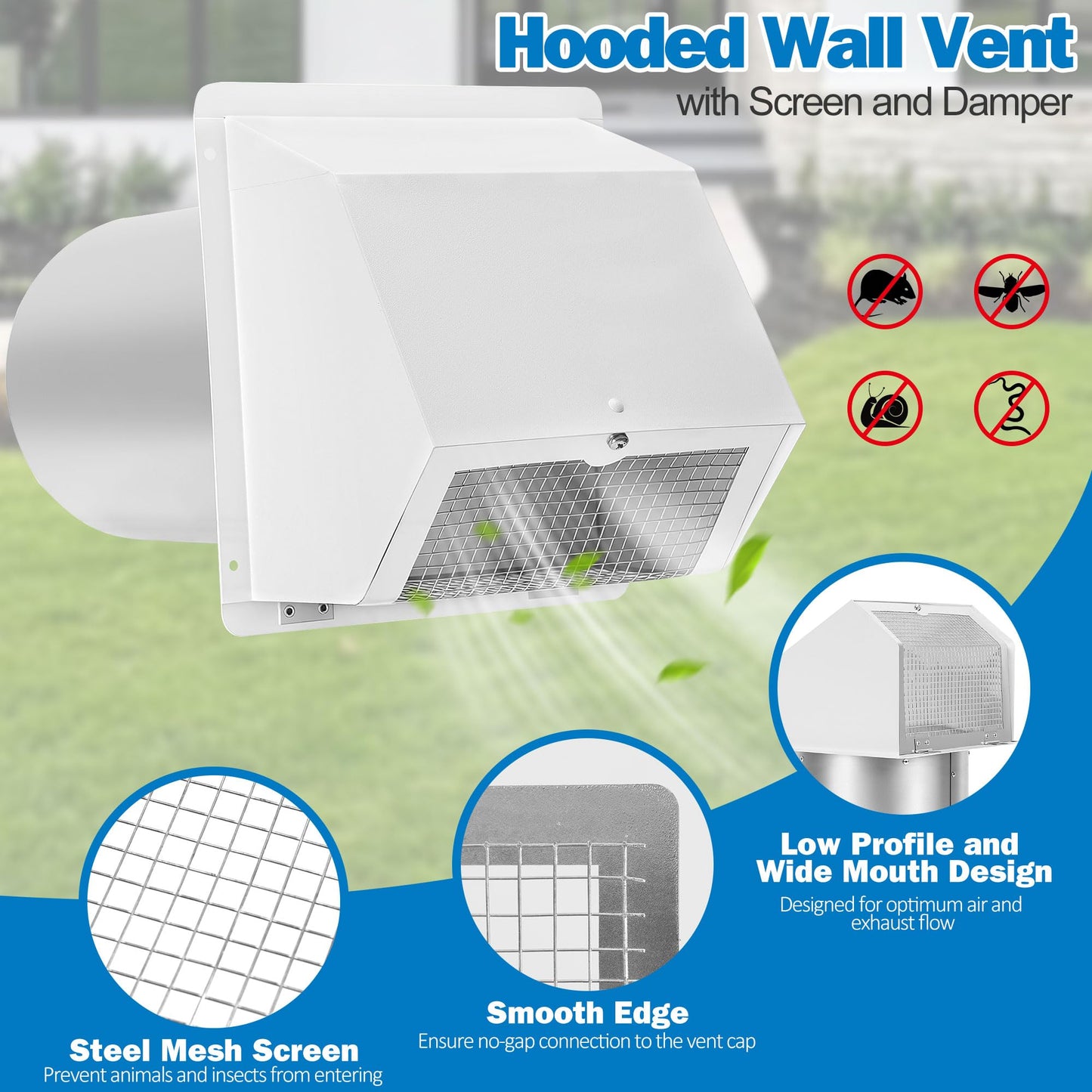 Fuairmee 6 Inch Hooded Wall Vent with Screen and Damper, Outdoor Wall Exhaust Vent Cover for Kitchen Range Air Exhaust Hood Dryer Ventilation Outside No Noise, Galvanized Steel, White