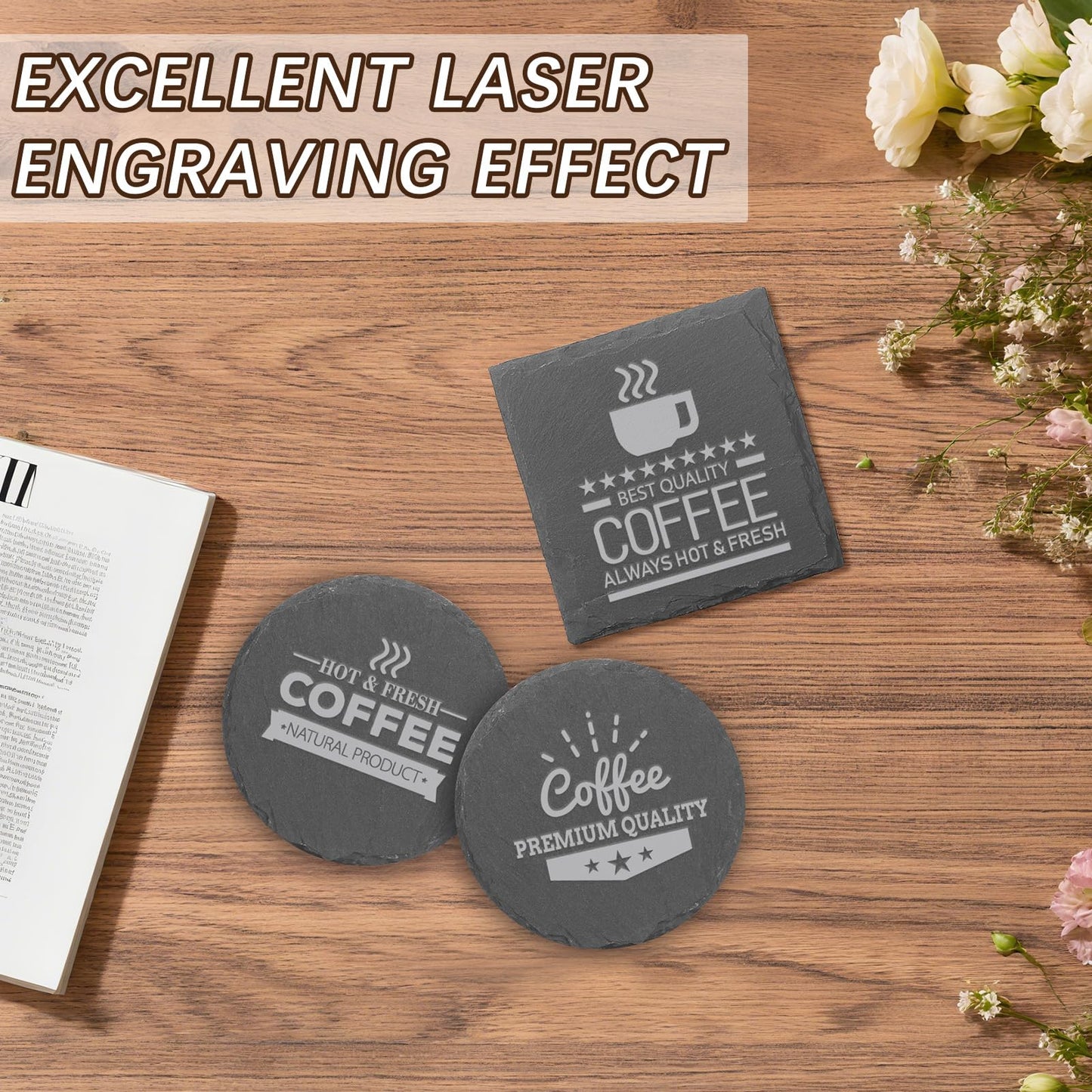 72pcs Slate Coasters Black 4 Inch Bulk Blank Rock Coasters Blank Laser Engraving, Hand Painted DIY, Scratch Resistant Bottom (36*Square+36*Round)