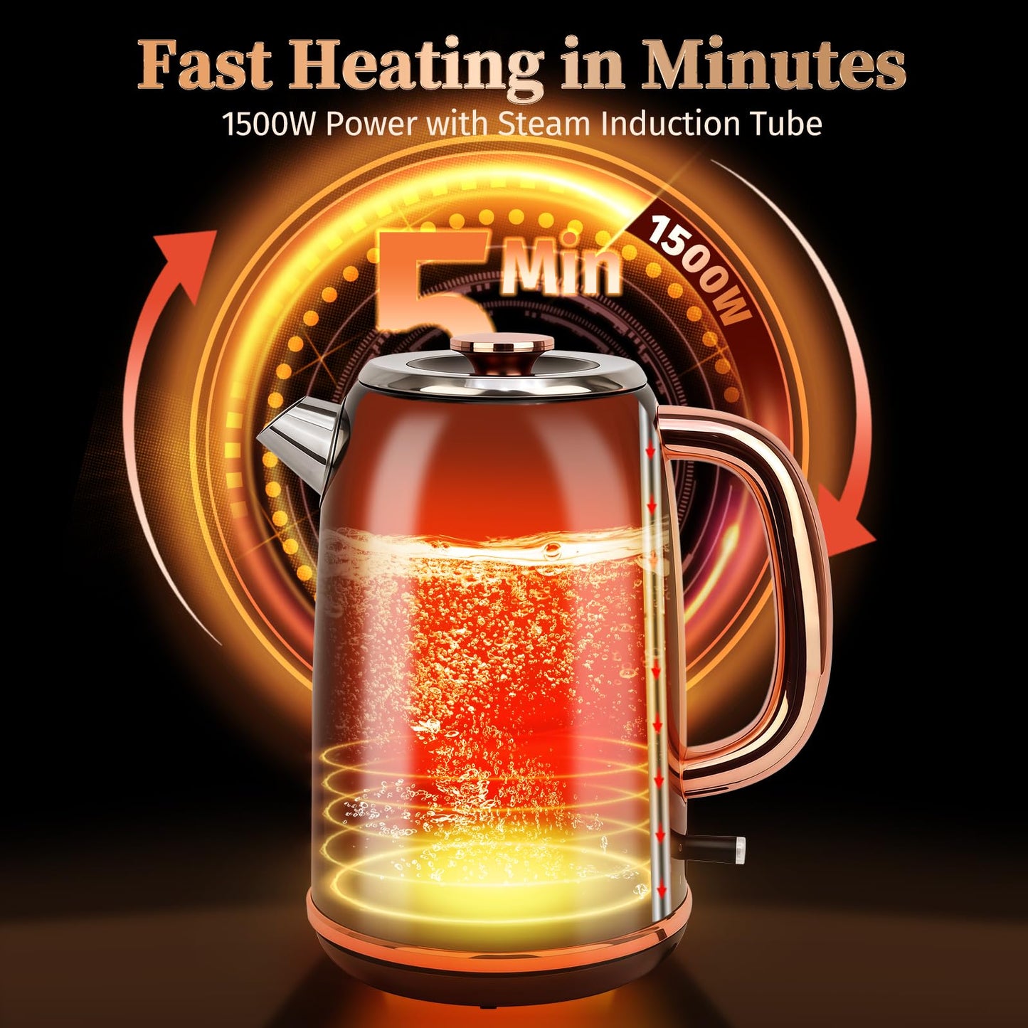 INFOOD Retro Electric Kettle 1.7L/57oz with Thermometer - 1500W Fast Boiling Stainless Steel Hot Water Tea Kettle, BPA-Free, Cordless, Auto Shut-Off, Boil-Dry Protection, Black