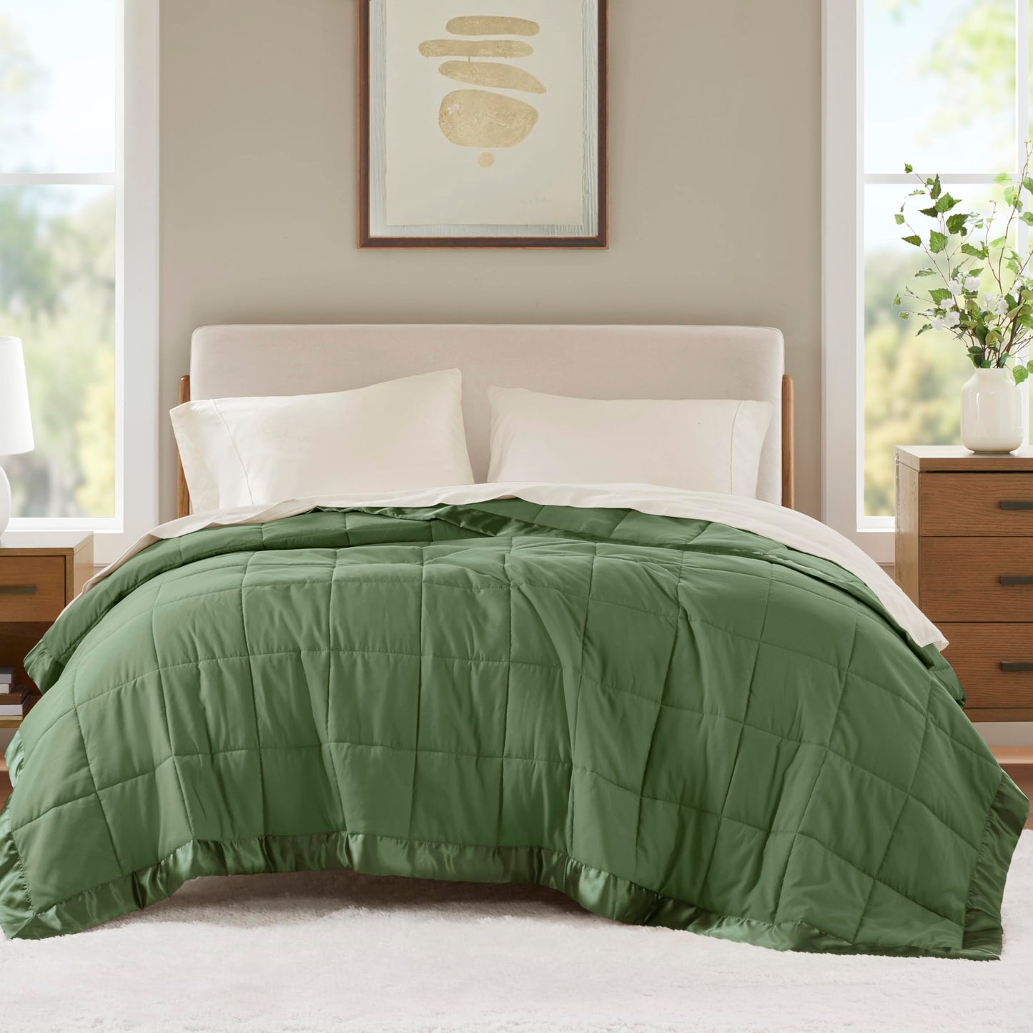 Madison Park Queen Blanket Quilted Microfiber, Satin Binding, 3M Scotchgard Moisture Wicking, Soft and Lightweight Summer Blanket for Couch, Windom, Full/Queen, Green