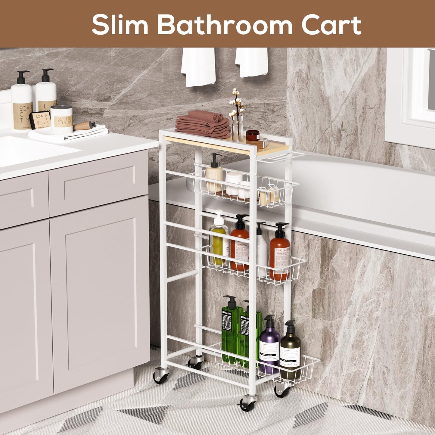 PAPAGIFTREE 4 Tier Slim Rolling Storage Cart with Pull-Out Baskets, Narrow Sliding Storage Slim Laundry Cart Slim Rolling Kitchen Cart