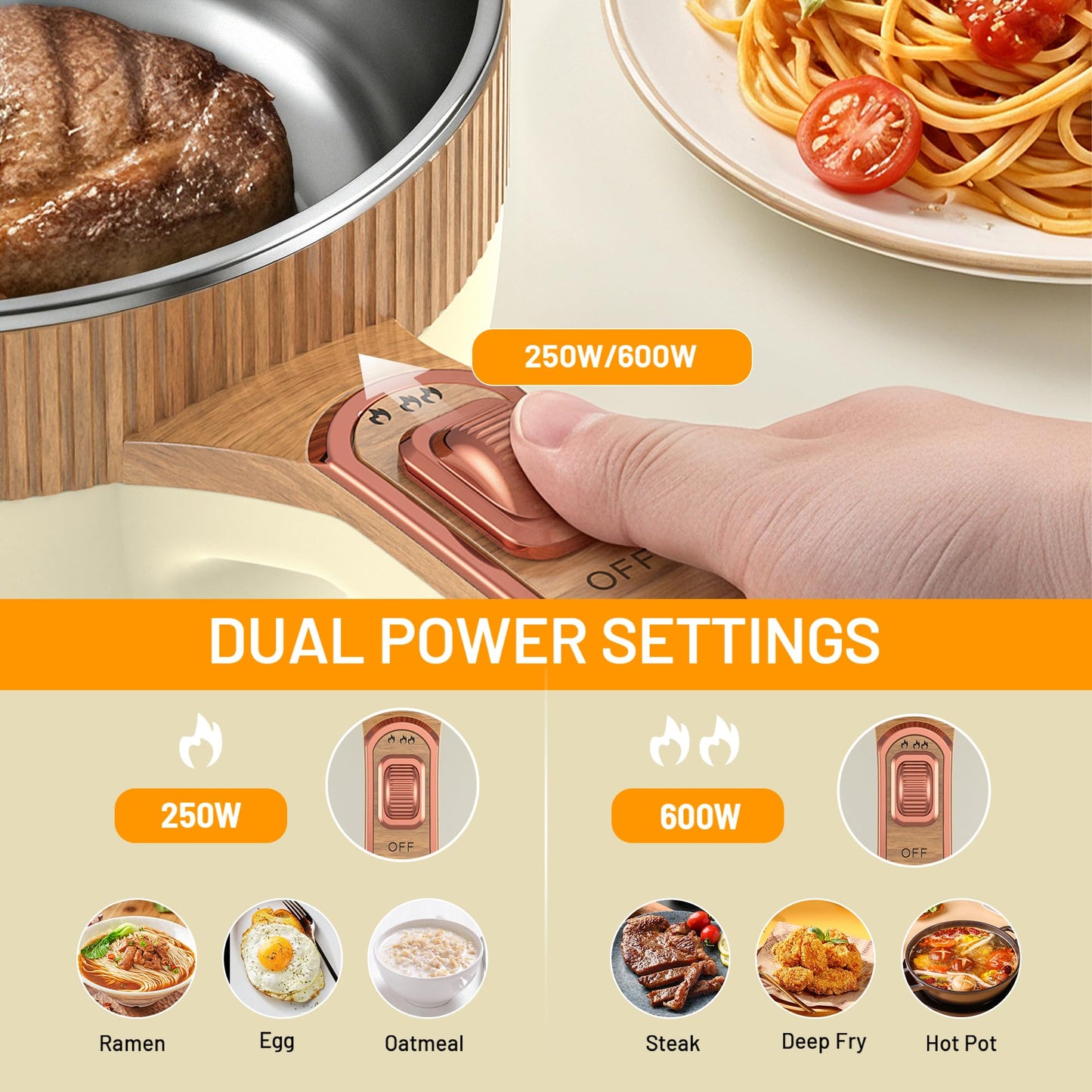 Cullinsss Hot Pot Electric, 1.5L Portable Electric Pot Frying Sauté Pan Multifunctional Cooker for Ramen Steak Soup with Adjustable Power for Dorm Home Travel (Silicone Spatula Included)