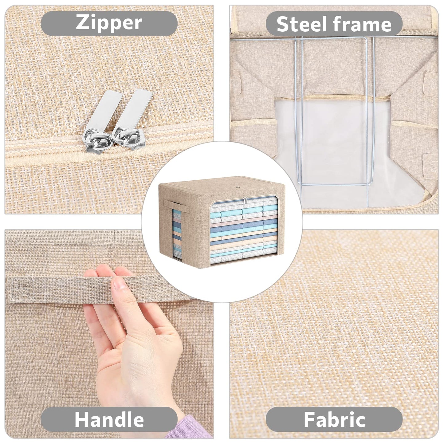 FHSQX Extra Large Clothes Storage Bins Foldable Metal Frame Storage Box Stackable Linen Fabric Box Organizer Set with Carrying Handles and Clear Window (Beige, 23.6x 16.5x 15.7 Inch)