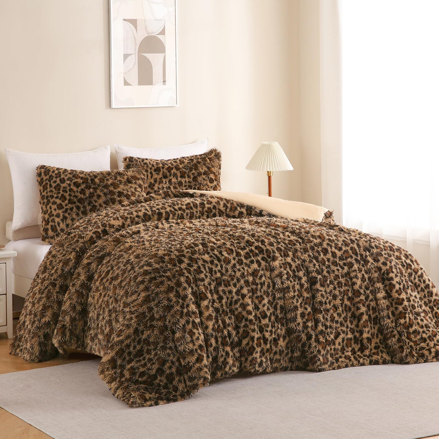 Melo10PM Cheetah Print Fluffy Faux Fur Comforter Set Full Size, 3 Pieces Brown Leopard Plush Shaggy Fuzzy Bedding Set, Ultra Soft Luxury Furry Boho Animal Print All Season Comforter for Women Girls