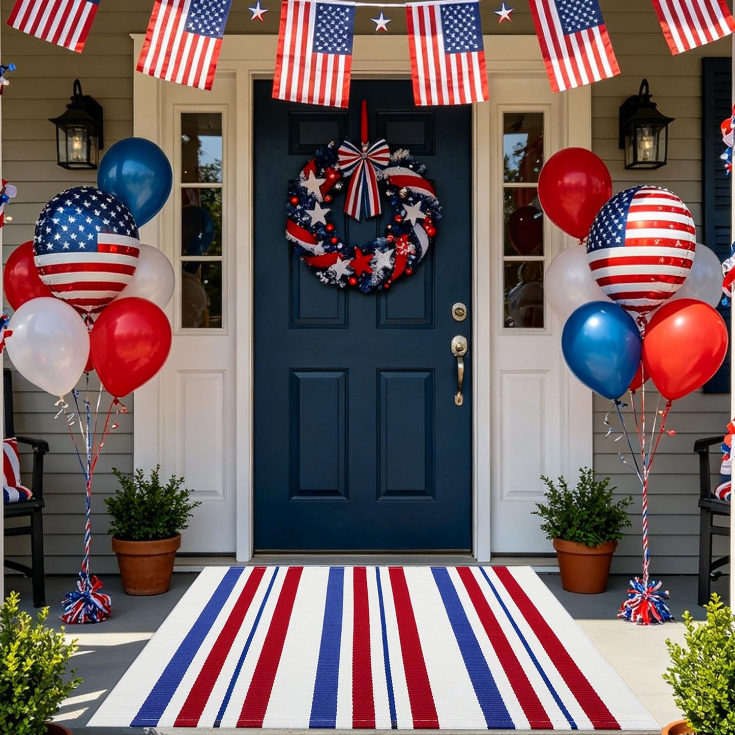 USA 250th Anniversary Patriotic Doormat, 2'4" x 3'7" Red White and Blue Striped Outdoor Rug, Washable Farmhouse Front Porch Welcome Mat for Memorial Day, 4th of July, and Independence Day Decor