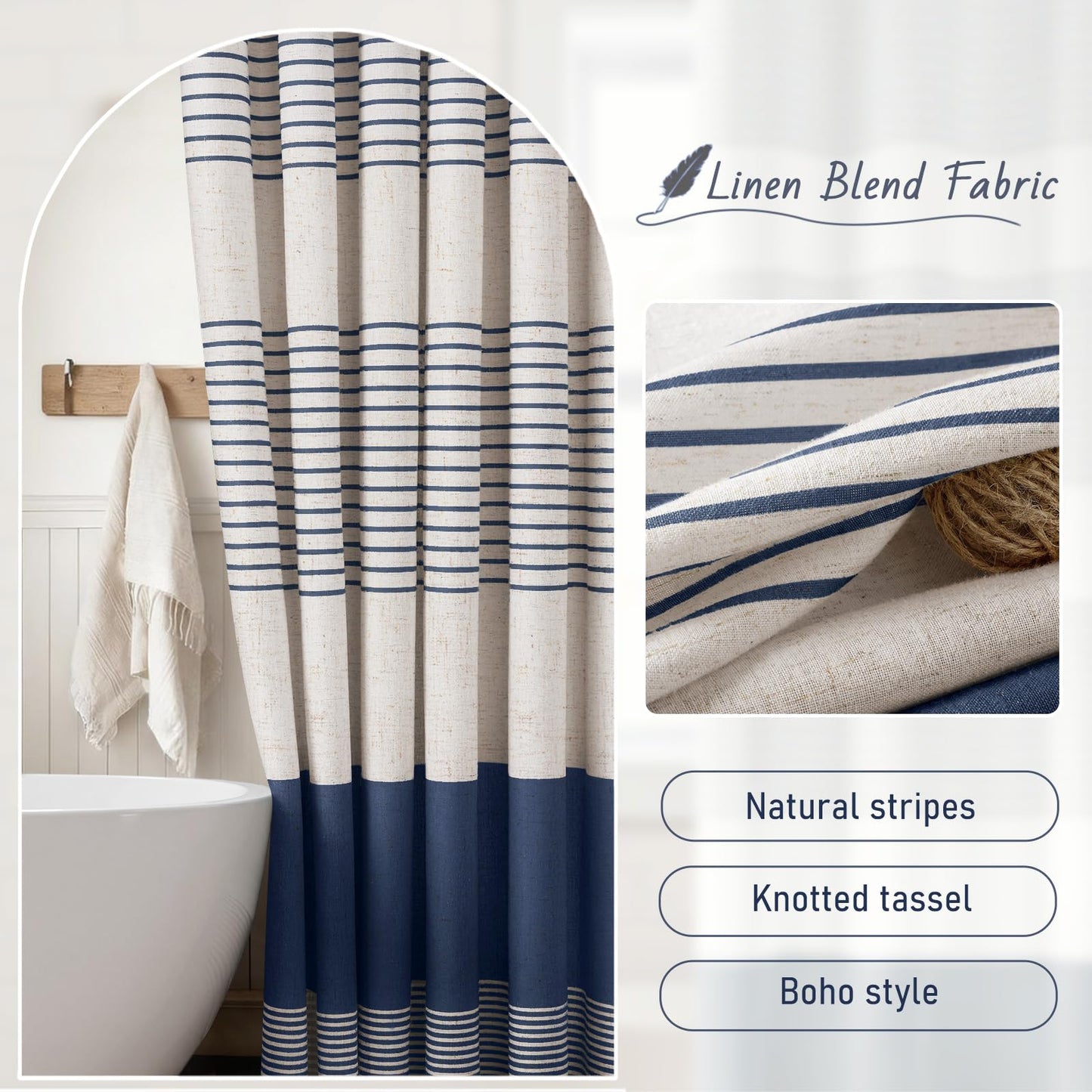 XOGUIBO Navy Blue Shower Curtain Linen Coastal Ocean Striped Shower Curtains for Bathroom with Tassel 72 X 72
