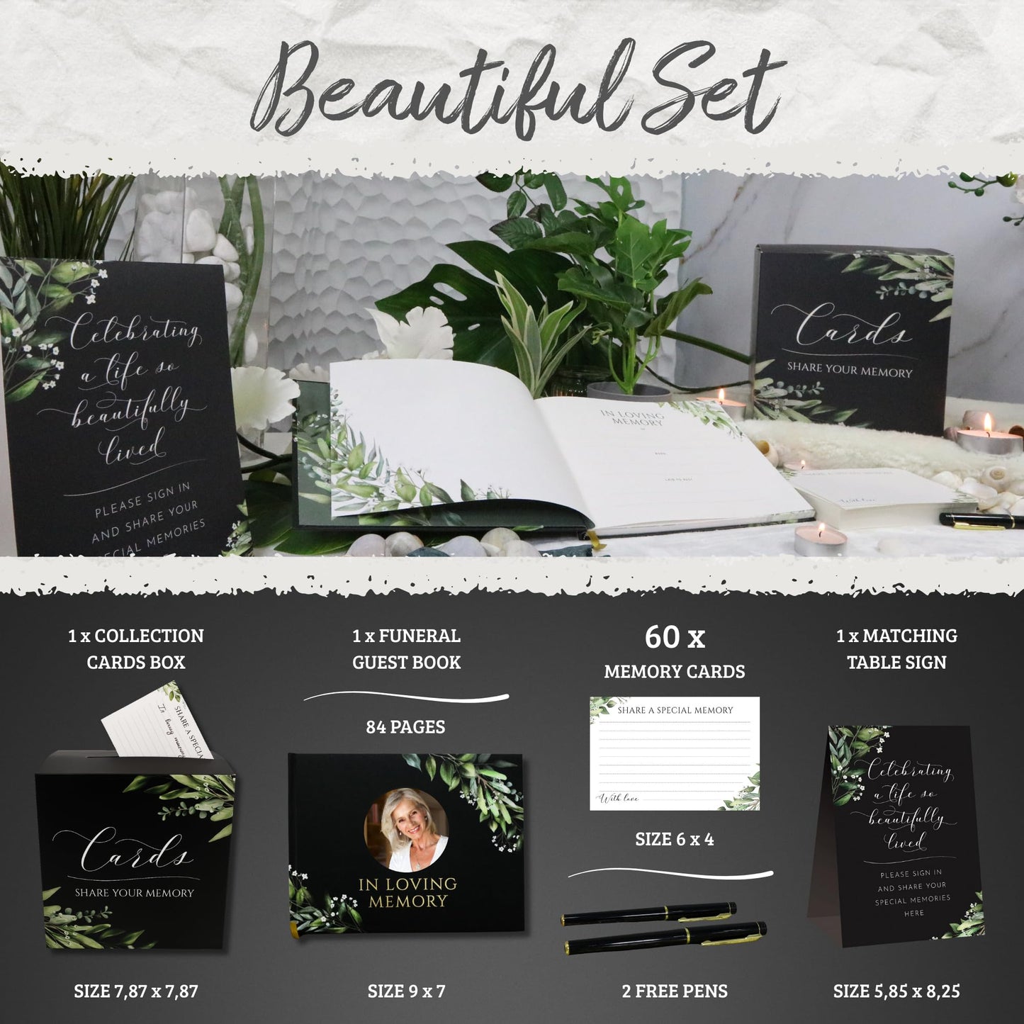 All-in-One Funeral Guest Book Set – Memorial Guestbook, Funeral Register Book, Celebration of Life Guest Book, Condolence Book, Memory Cards & Keepsake Collection Box - Memorial Keepsake